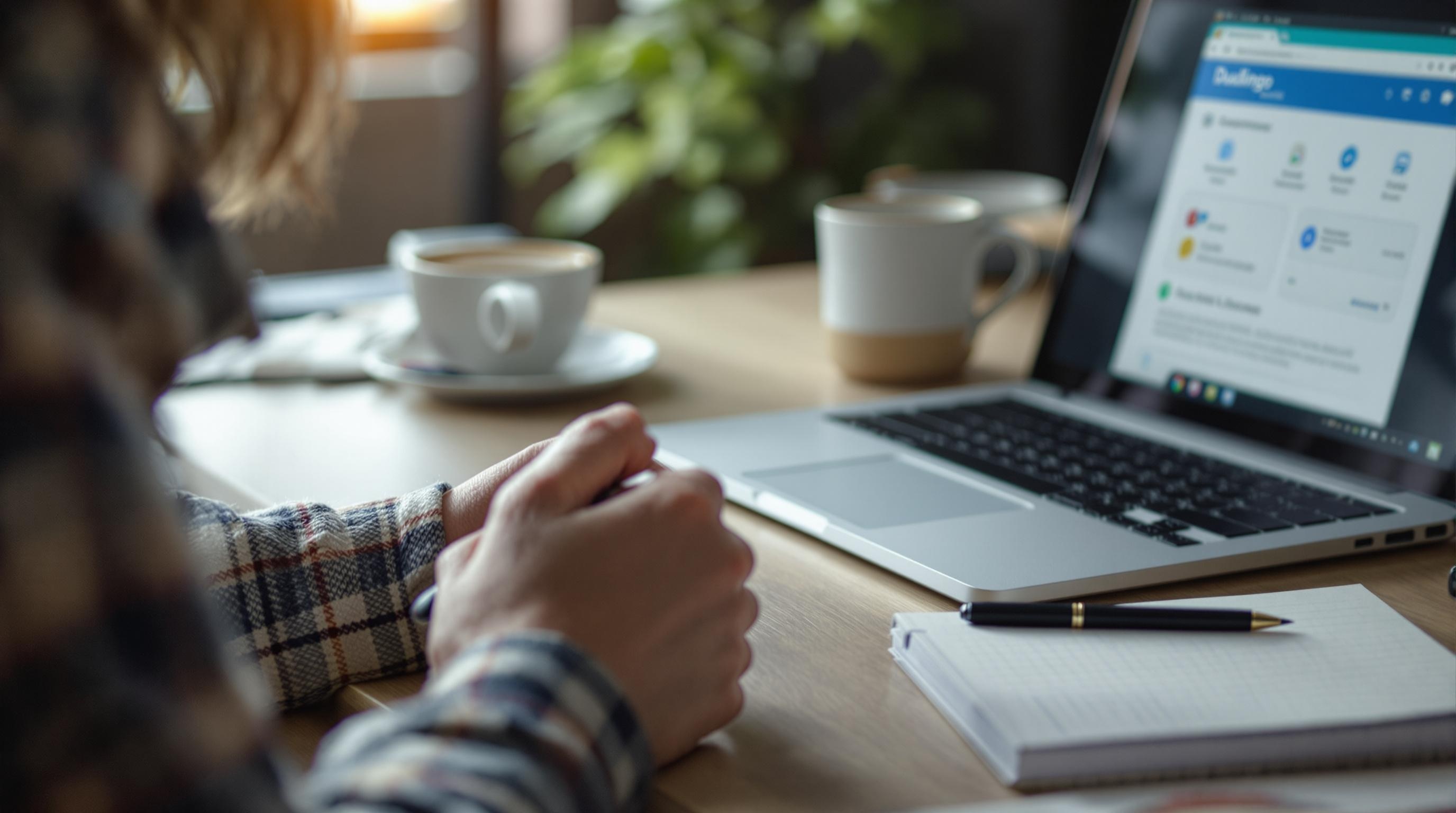 Personne travaillant sur un ordinateur portable avec une tasse de café et un carnet sur une table.