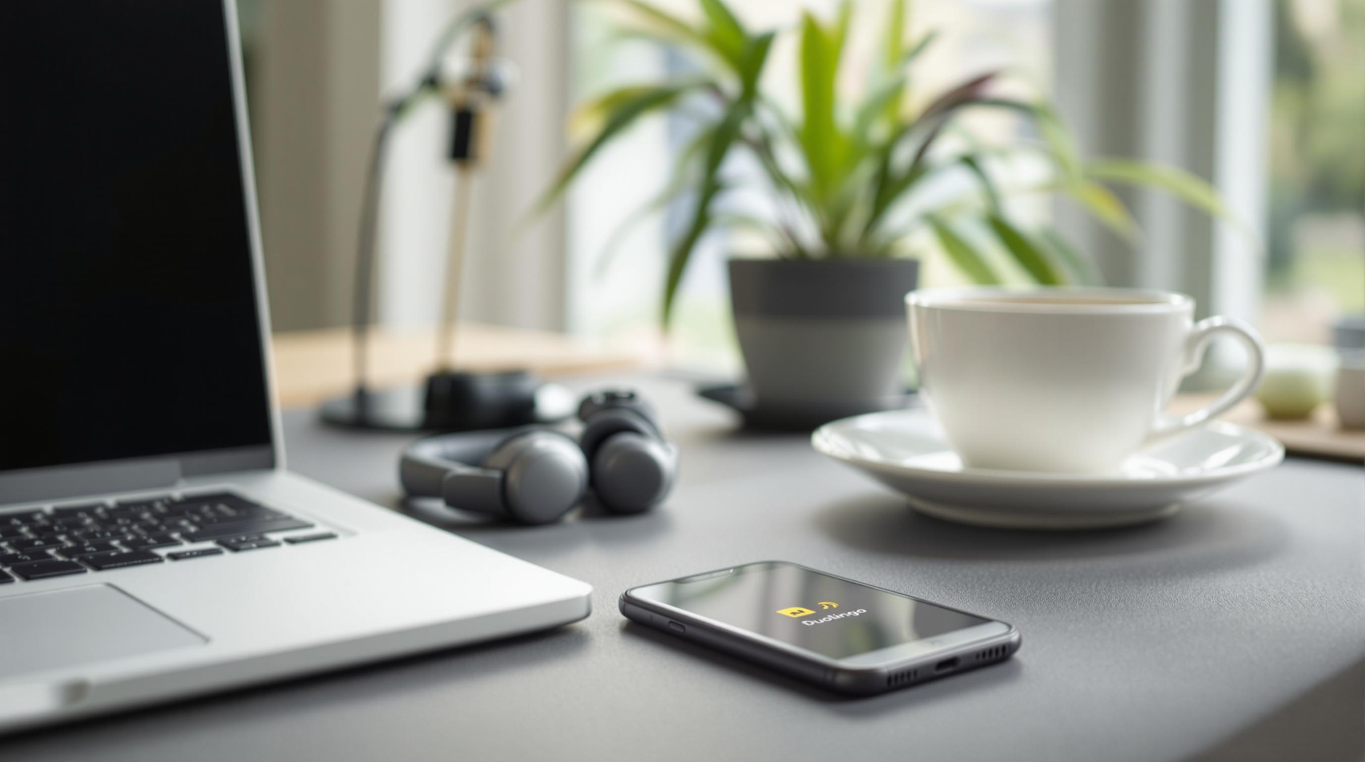 Un ordinateur portable, un casque audio, un smartphone avec l'application Duolingo ouverte, une tasse de café et une plante en arrière-plan.