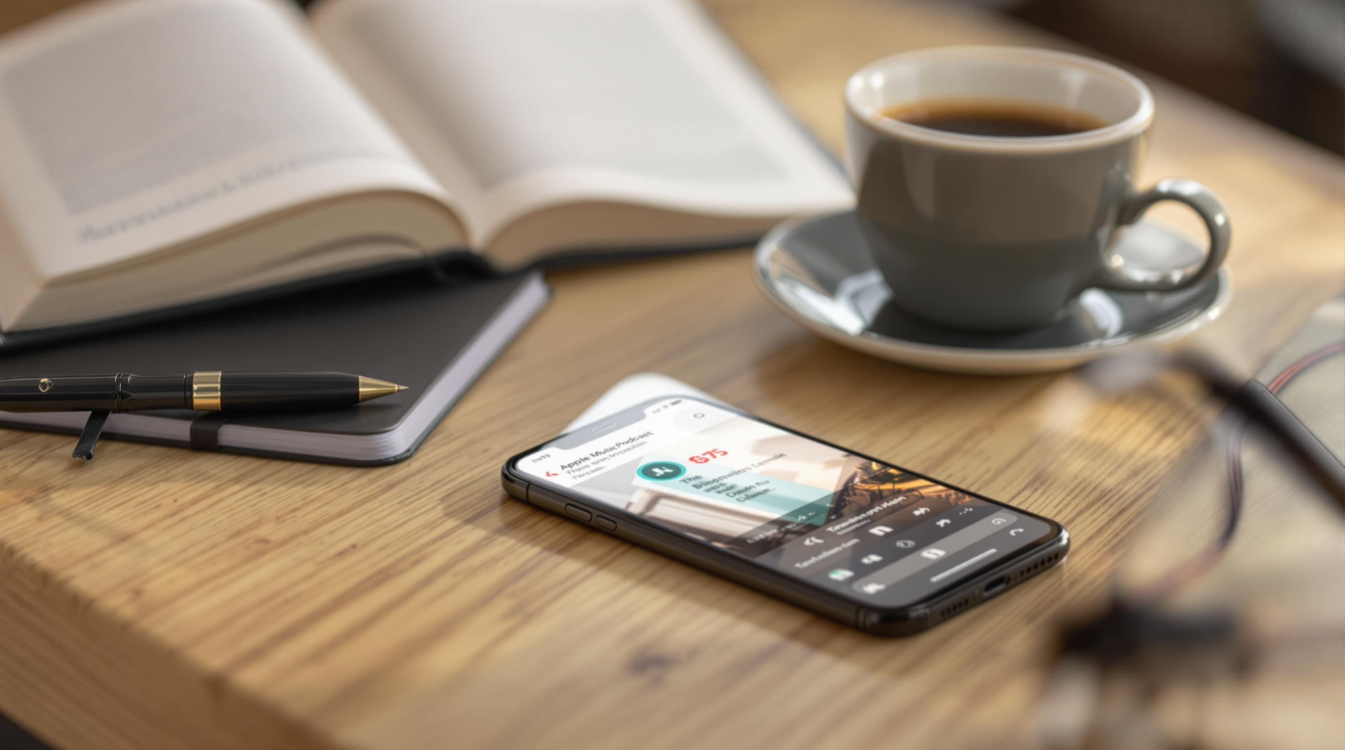 Un téléphone, un carnet de notes, un stylo, une tasse de café et un livre ouverts posés sur une table en bois.