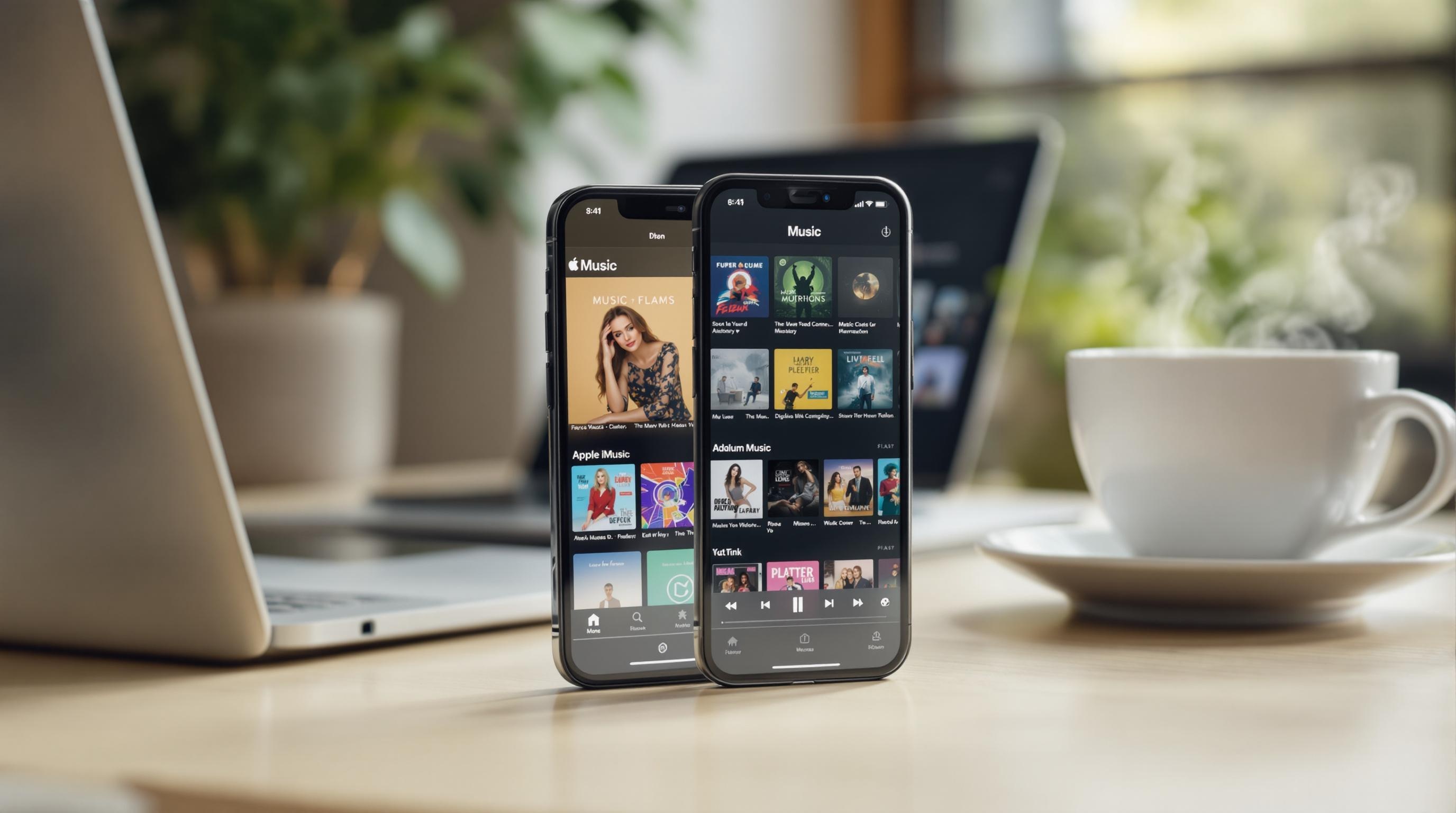 Deux smartphones affichant une application de musique sont posés sur une table avec un ordinateur portable en arrière-plan, une tasse de café fumante et une plante.