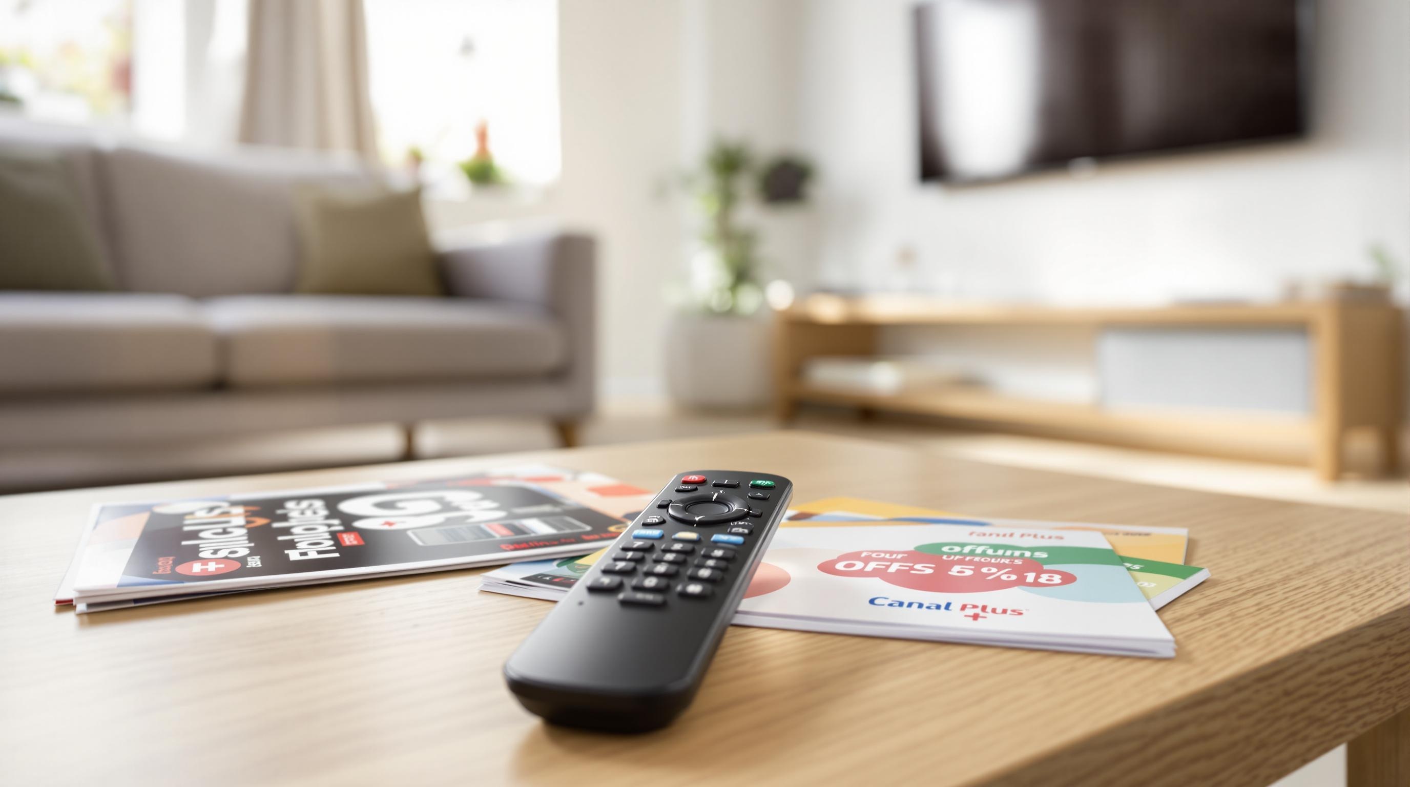 Télécommande posée sur des brochures Canal Plus sur une table de salon, avec un canapé et une télévision en arrière-plan.