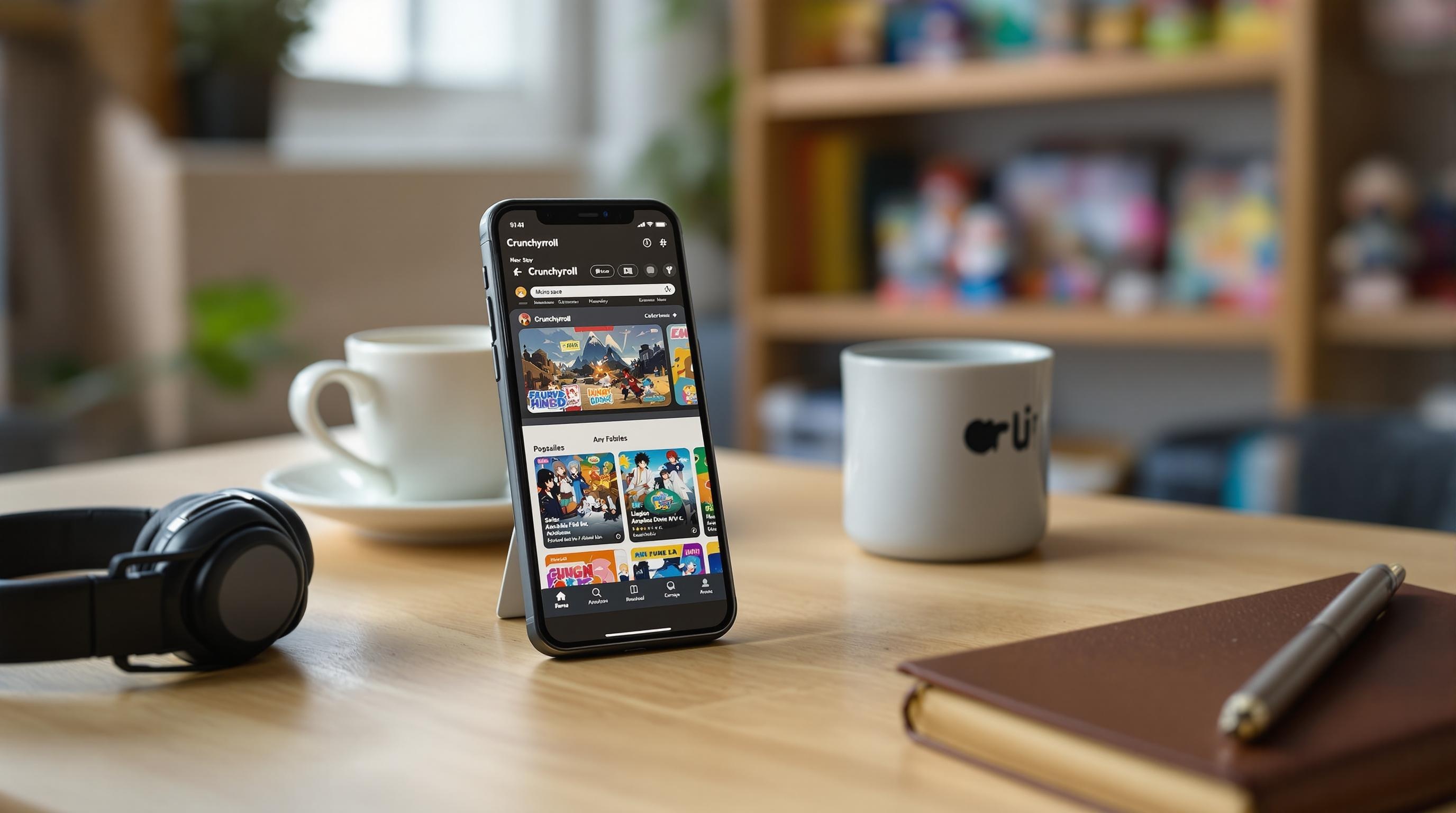 Ein Smartphone mit der Crunchyroll-Anwendung liegt auf einem Holztisch, umgeben von Kopfhörern, einer Tasse, einer Untertasse, einem Notizbuch und einem Stift, mit einem verschwommenen Regal im Hintergrund.