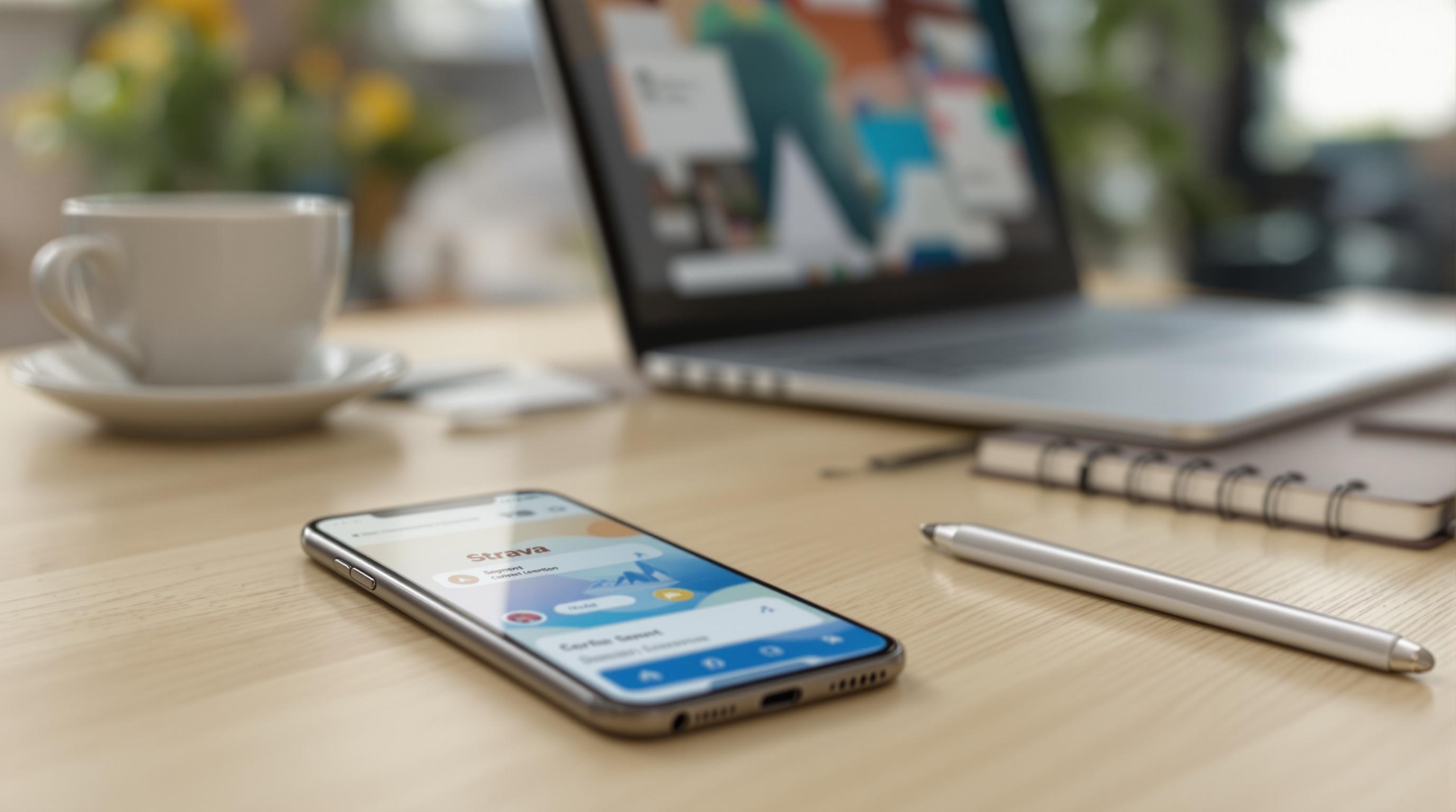 Smartphone affichant l'application Strava posé sur un bureau en bois, avec une tasse de café, un stylet, un carnet et un ordinateur portable en arrière-plan flou.