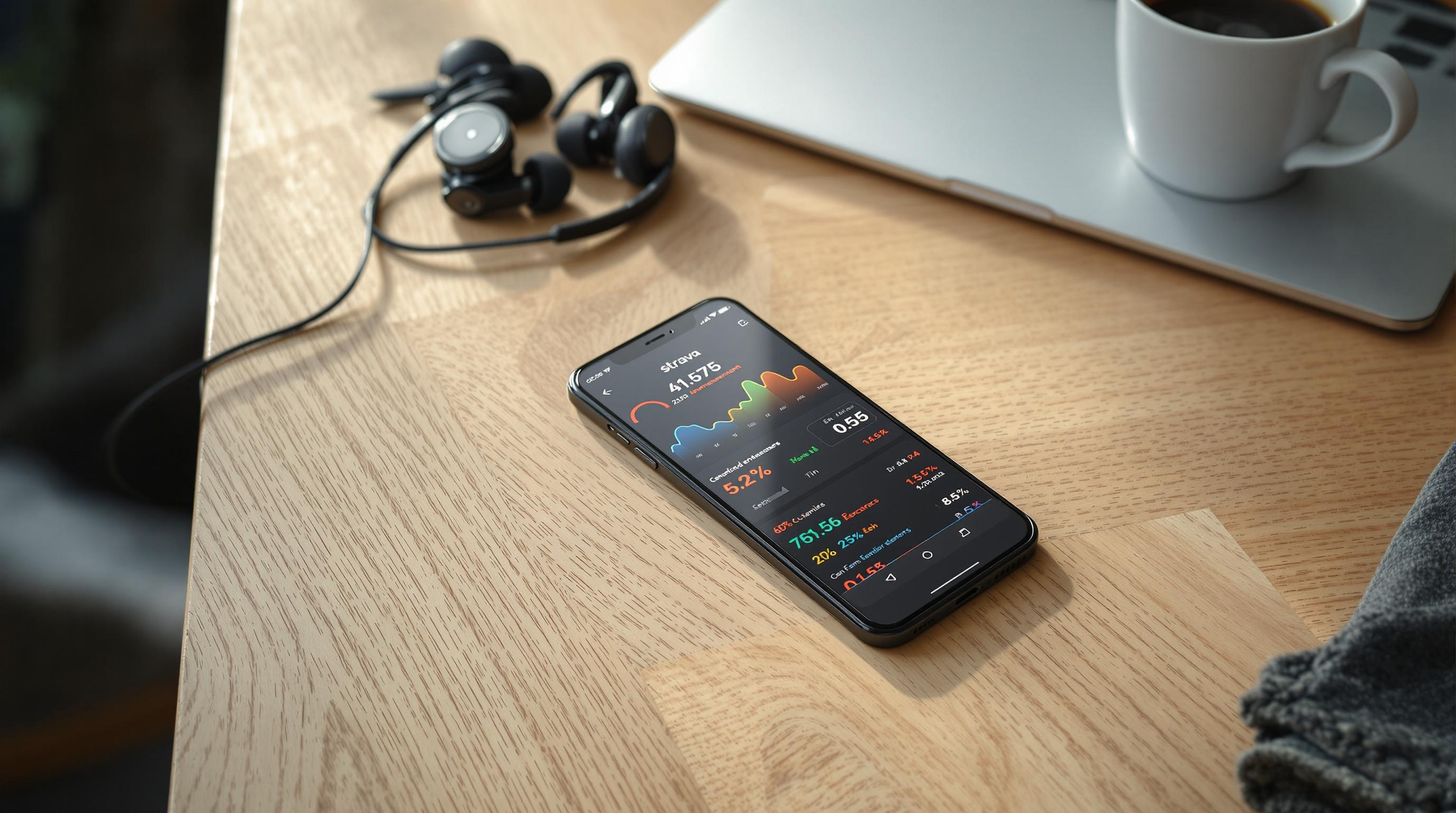 Un smartphone affichant des statistiques de performance sportive sur une application Strava, posé sur un bureau en bois à côté d'écouteurs filaires noirs, d'un ordinateur portable argenté et d'une tasse de café.