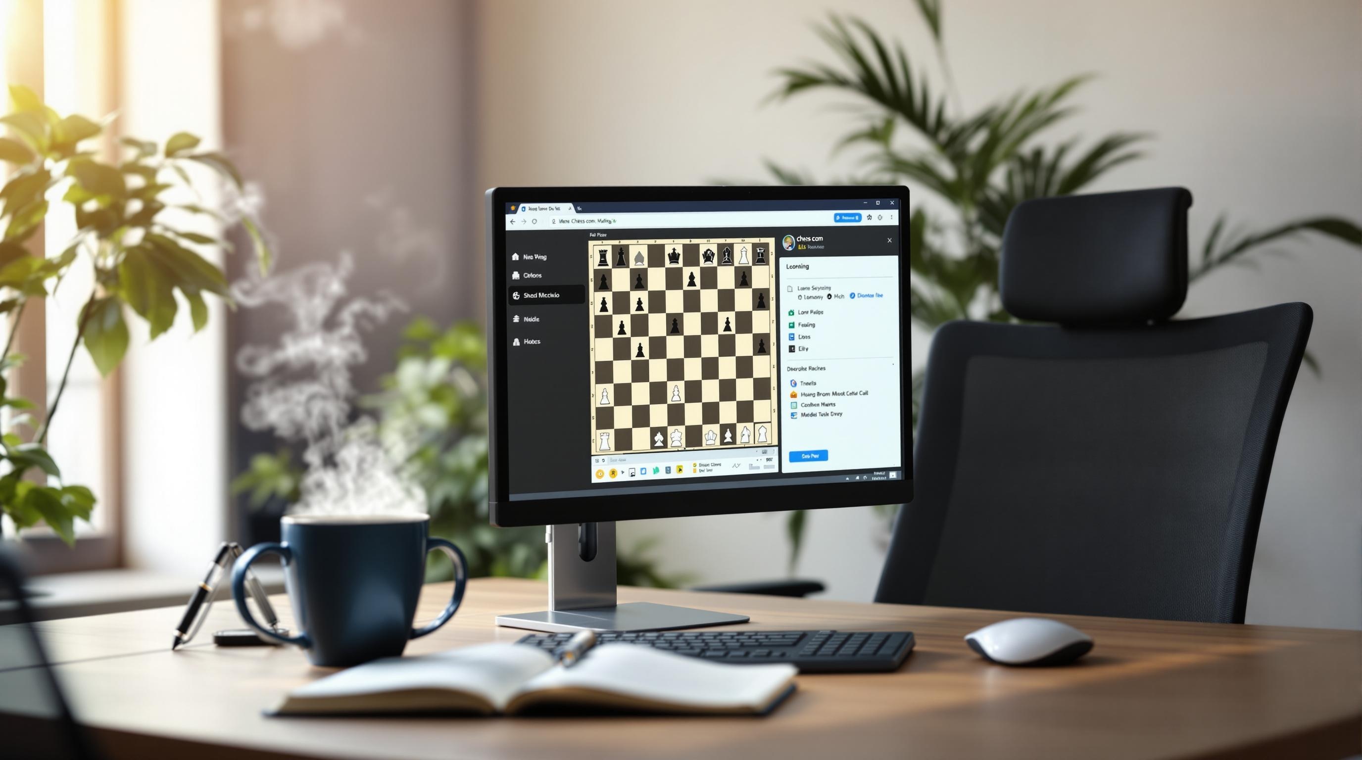 Bureau moderne avec ordinateur affichant une partie d’échecs en ligne, tasse de café fumante, carnet ouvert et stylo, dans un environnement lumineux avec des plantes vertes.