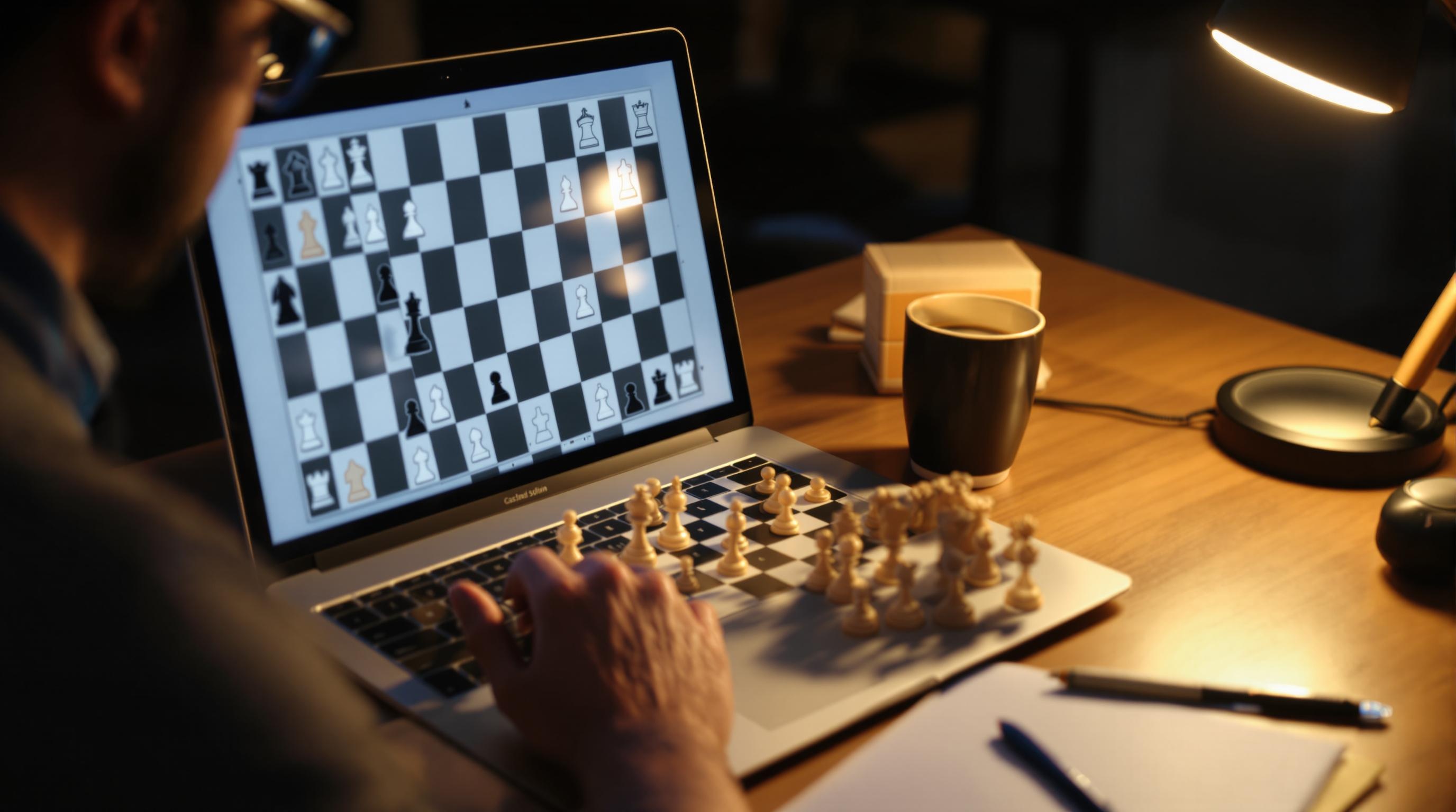 Un homme joue aux échecs en ligne sur un ordinateur portable, avec un échiquier physique et des pièces posés sur le clavier, une tasse, une lampe de bureau et un carnet avec des stylos posés sur le bureau.