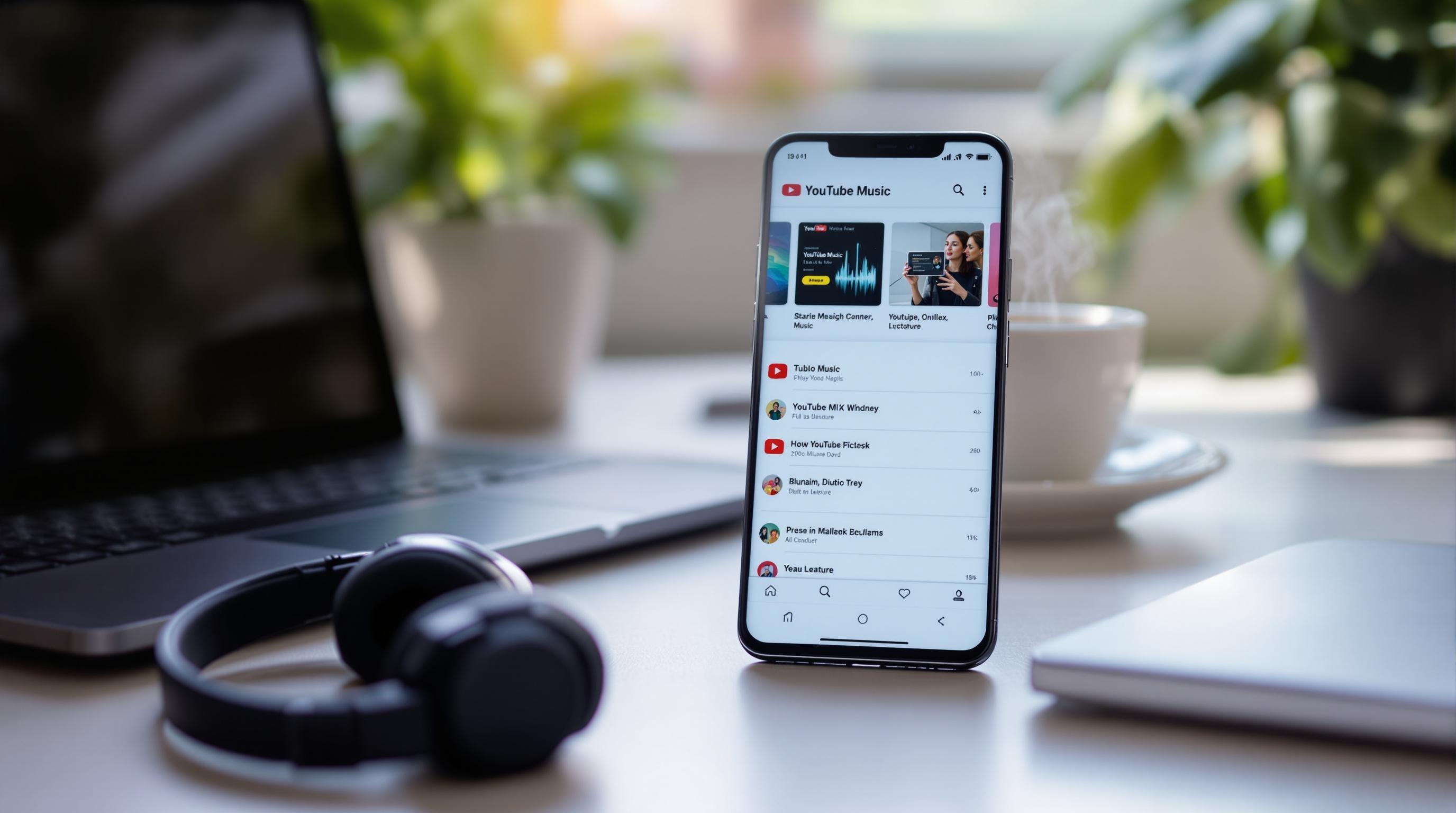 Ein Smartphone mit YouTube Music auf einem Schreibtisch, mit einem Laptop, Kopfhörern und einer Tasse Kaffee im Hintergrund.