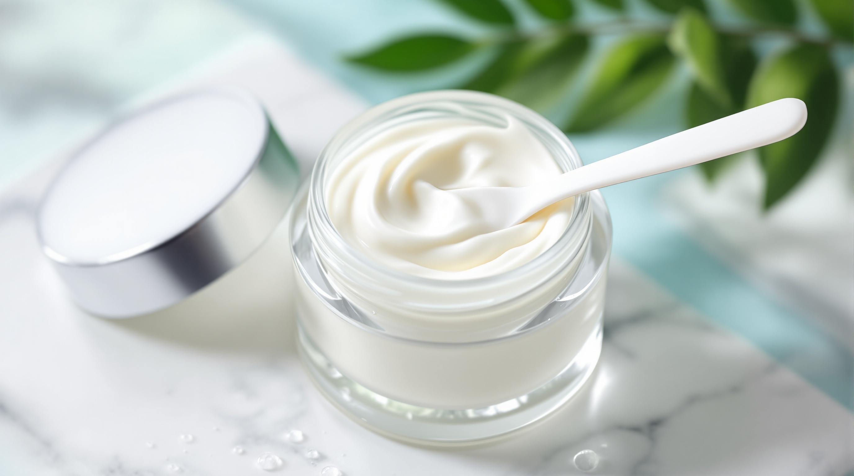 Crème cosmétique dans un pot en verre avec une spatule blanche, posée sur une surface en marbre, avec un couvercle ouvert et quelques feuilles vertes en arrière-plan.