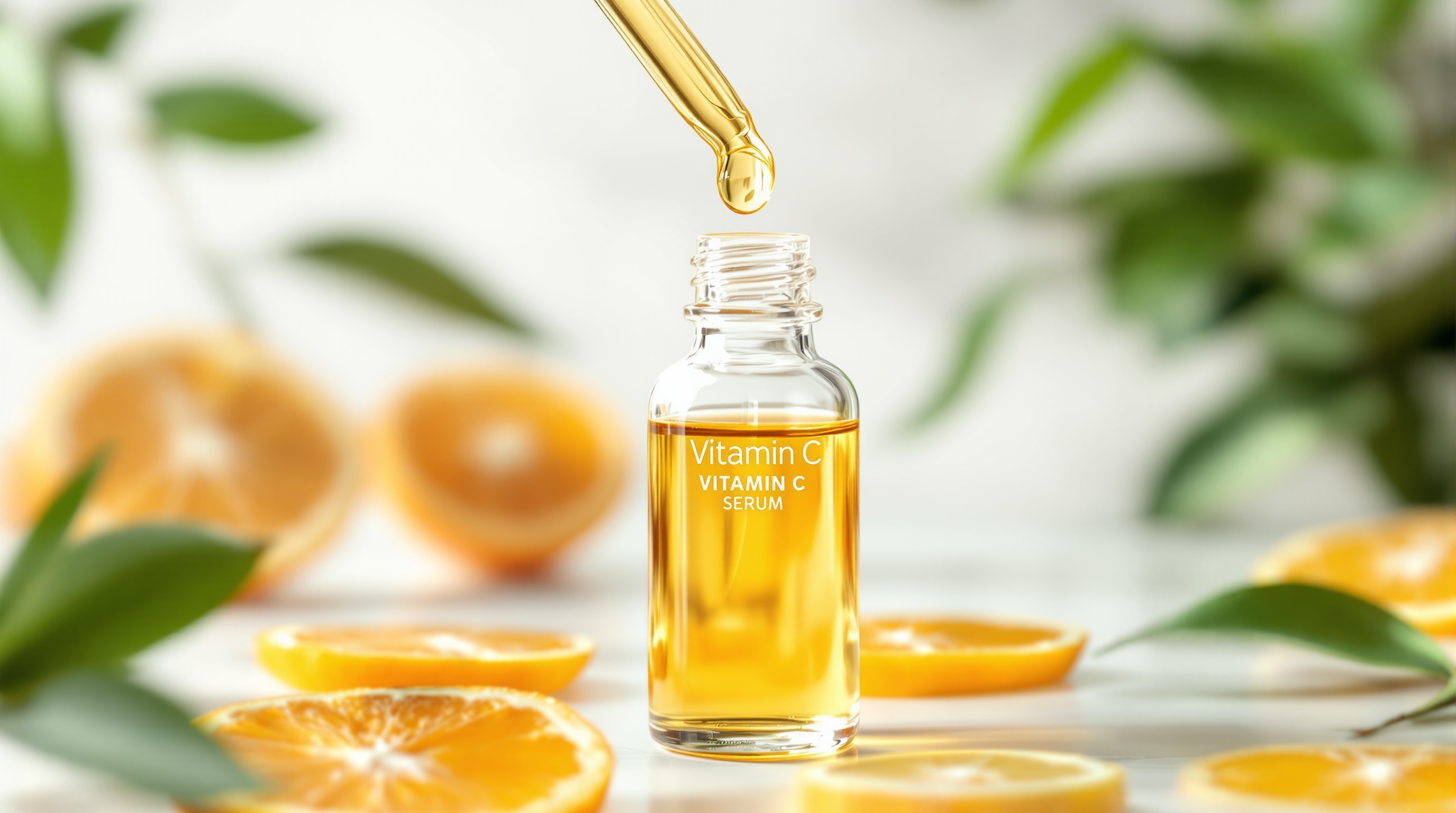 Flacon de sérum à la vitamine C avec une pipette, entouré de tranches d'orange et de feuilles vertes.