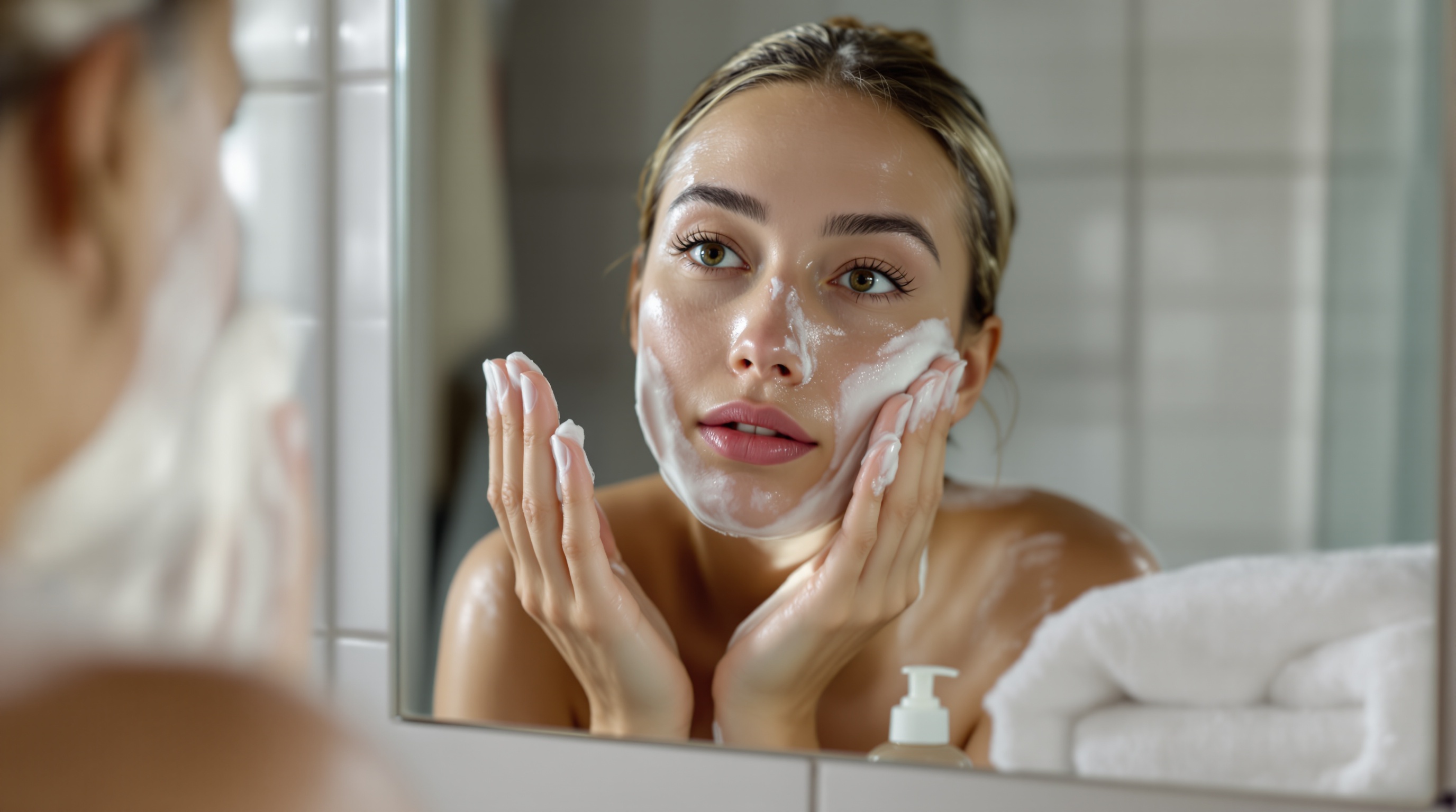 Femme appliquant une mousse nettoyante sur son visage devant un miroir dans une salle de bain.