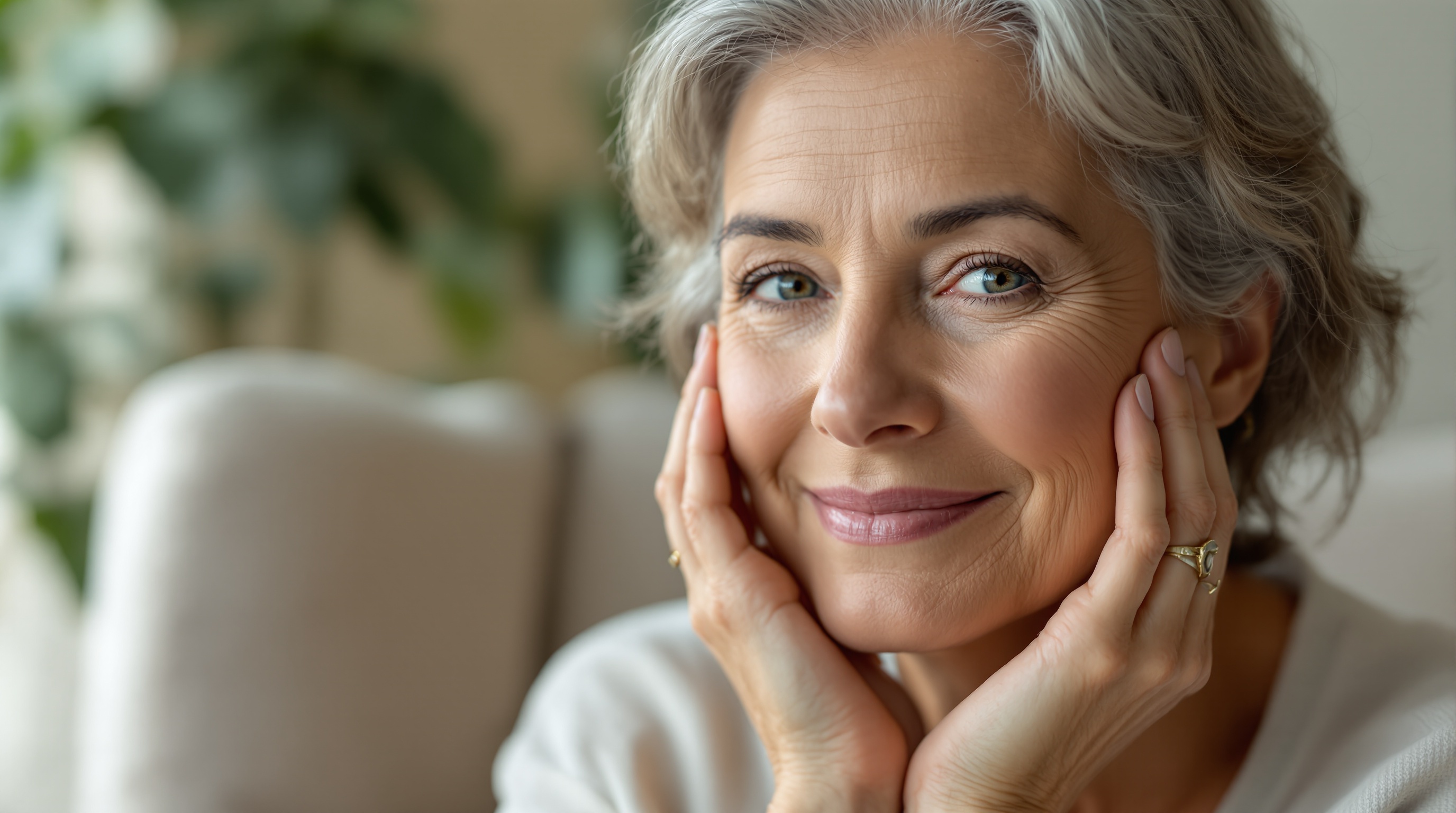 Femme âgée souriante aux cheveux gris courts, posant les mains sur son visage, assise dans un intérieur lumineux.