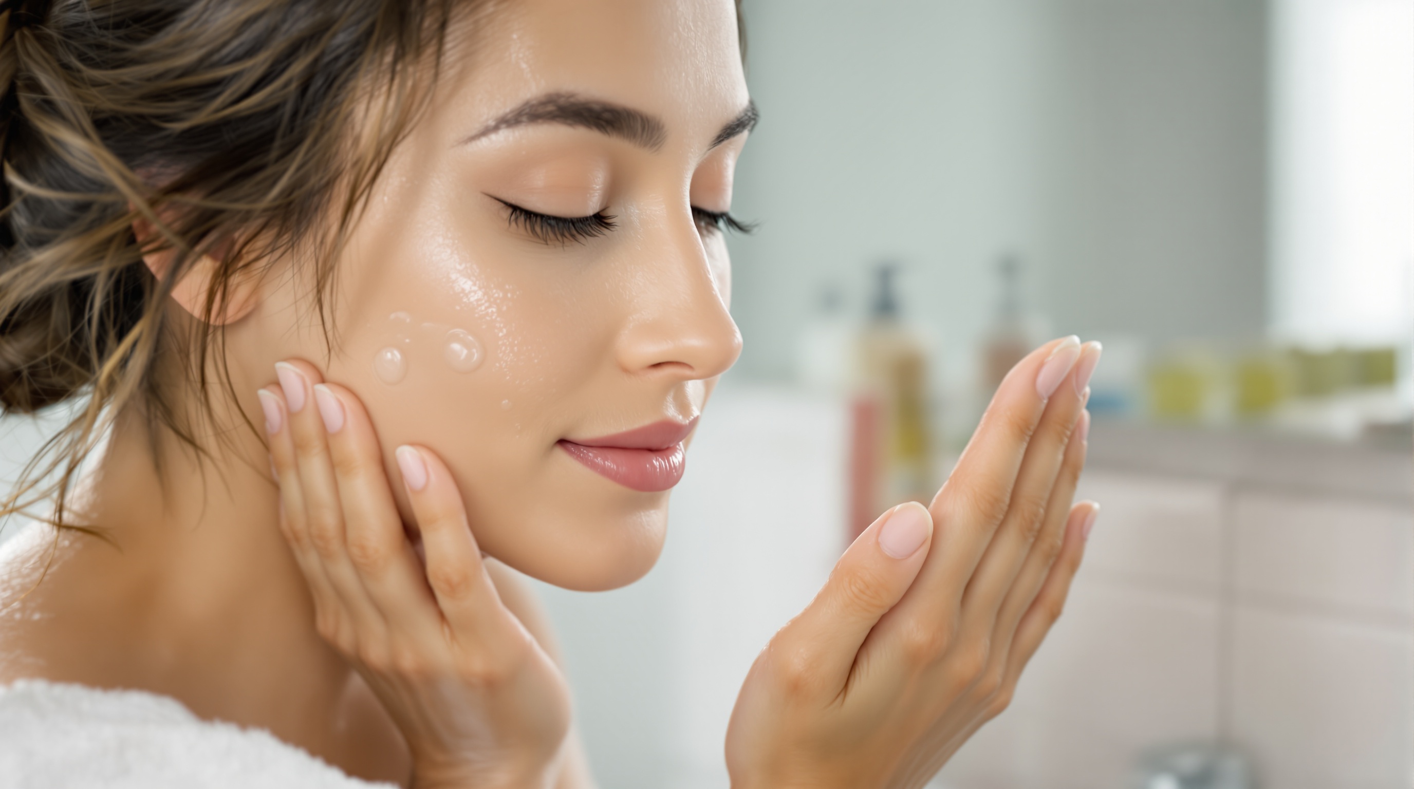 Femme appliquant une crème hydratante sur son visage, les yeux fermés, dans une salle de bain.