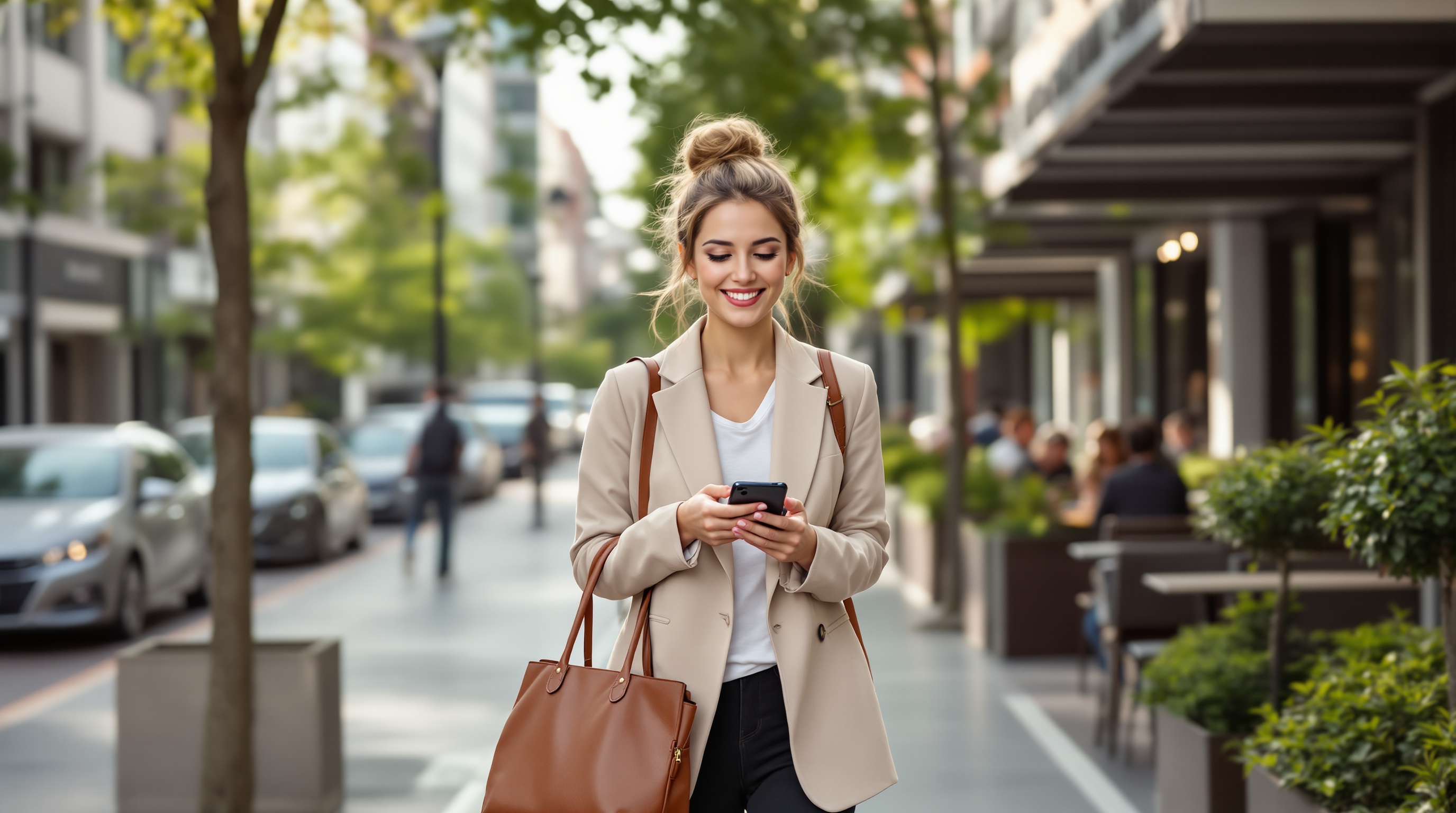 Jeune femme souriante marchant en ville, habillée de façon élégante, regardant son smartphone, avec un grand sac marron à l’épaule, dans une rue urbaine bordée d’arbres et de terrasses.