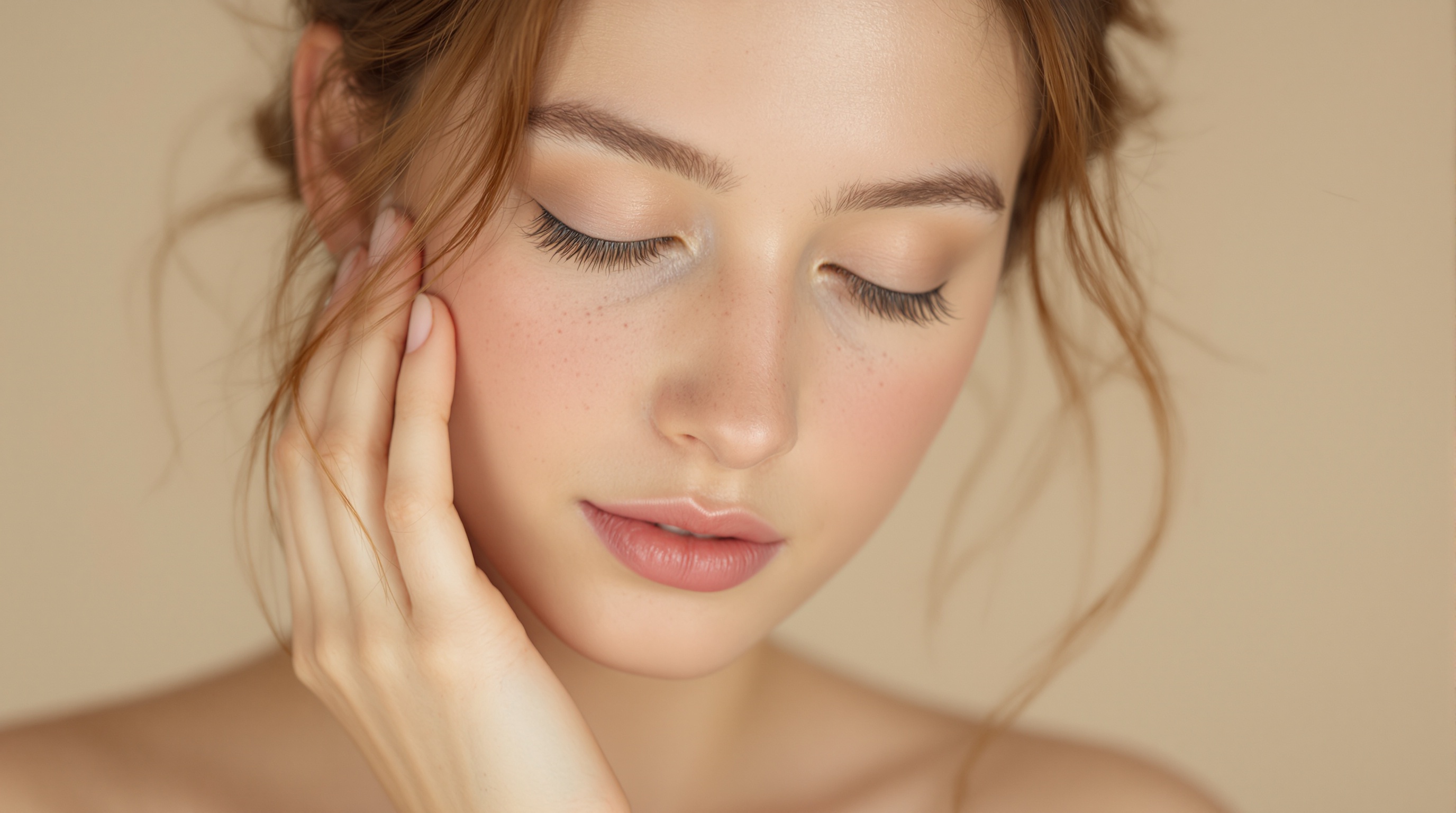 Femme jeune avec la peau claire et des taches de rousseur, les yeux fermés, touchant doucement son visage, sur fond beige.
