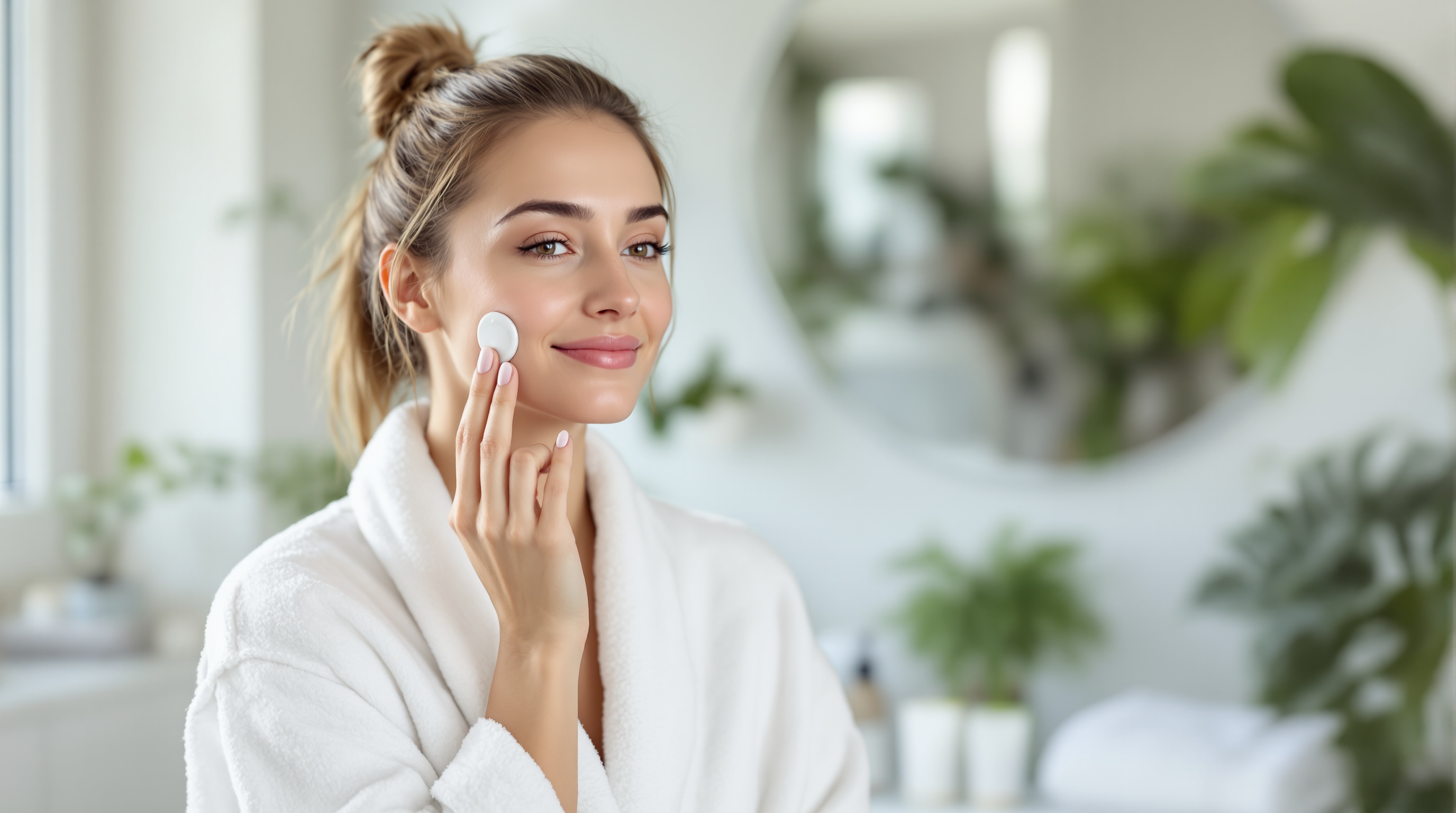 Femme souriante en peignoir blanc appliquant un coton sur son visage dans une salle de bain lumineuse avec des plantes vertes en arrière-plan.