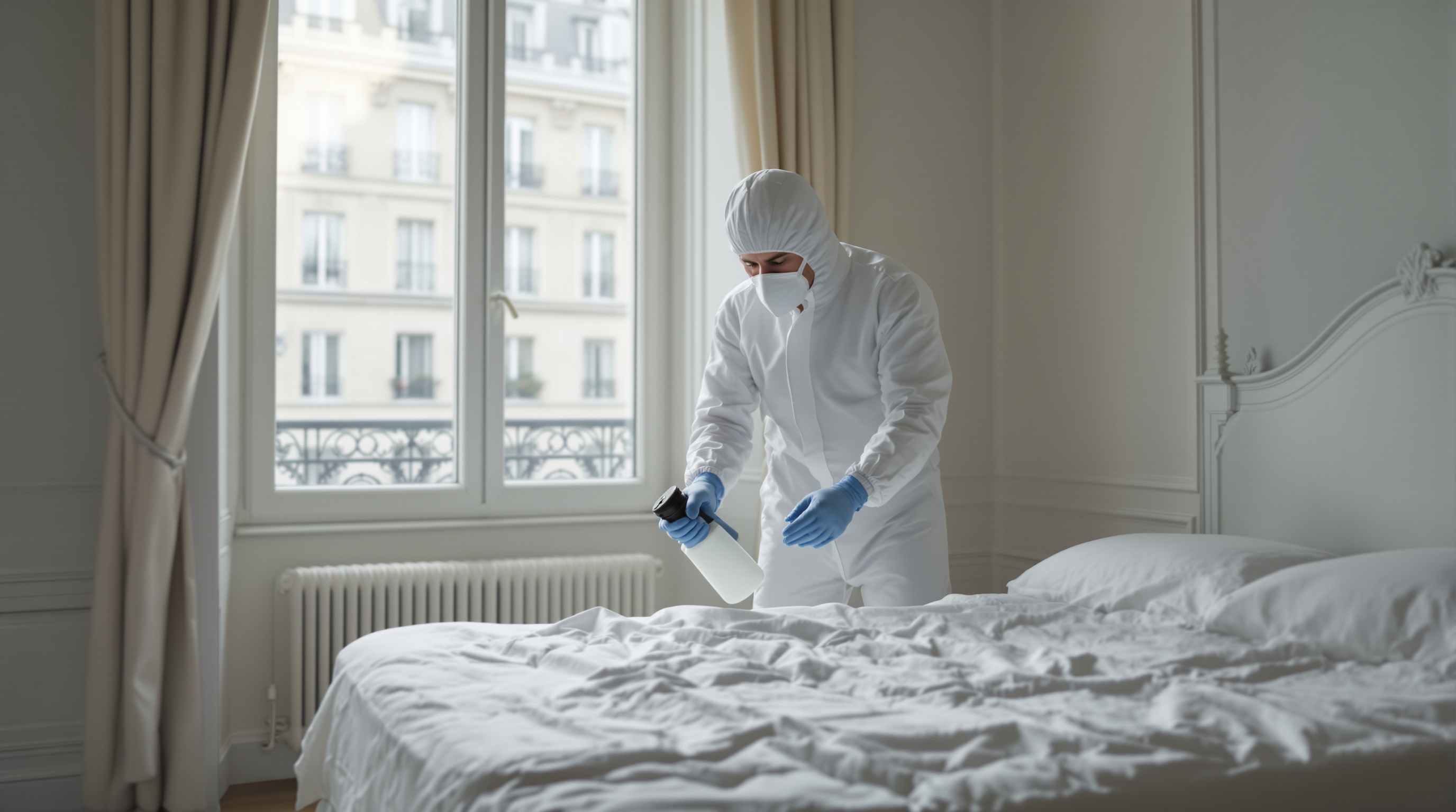 Personne en combinaison de protection désinfectant un lit dans une chambre.