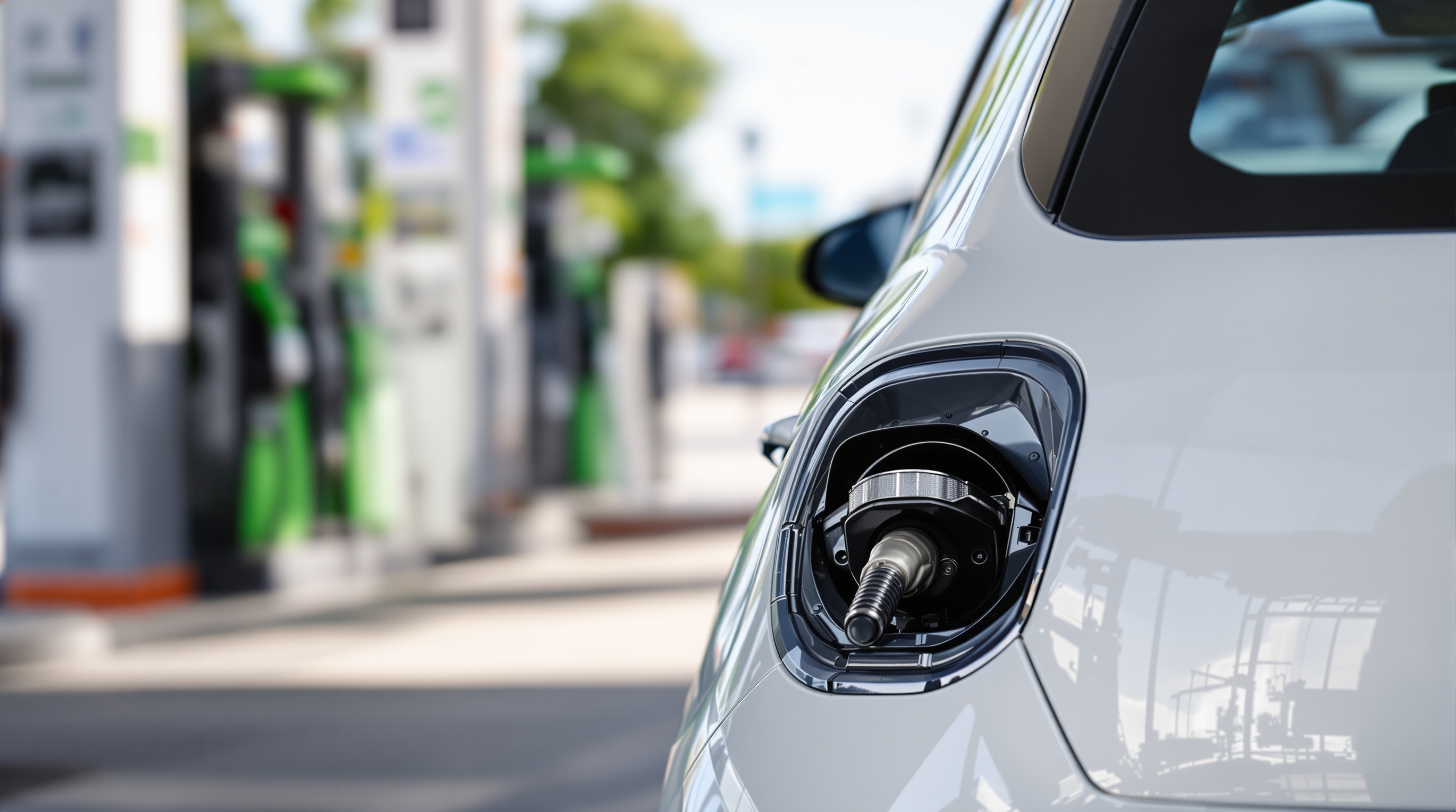 Pompe à essence insérée dans le réservoir d’une voiture blanche à une station-service.