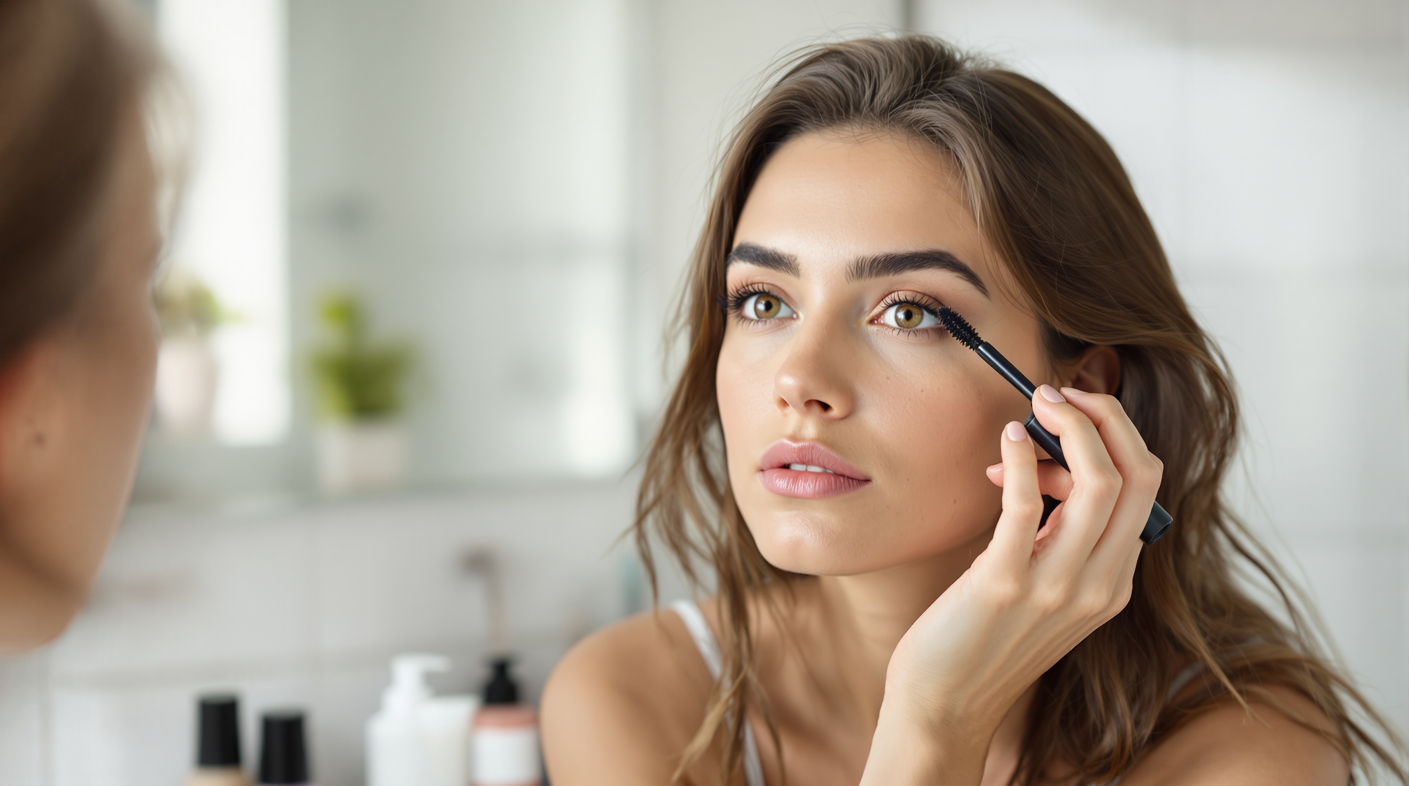 Jeune femme appliquant du mascara devant un miroir dans une salle de bains.