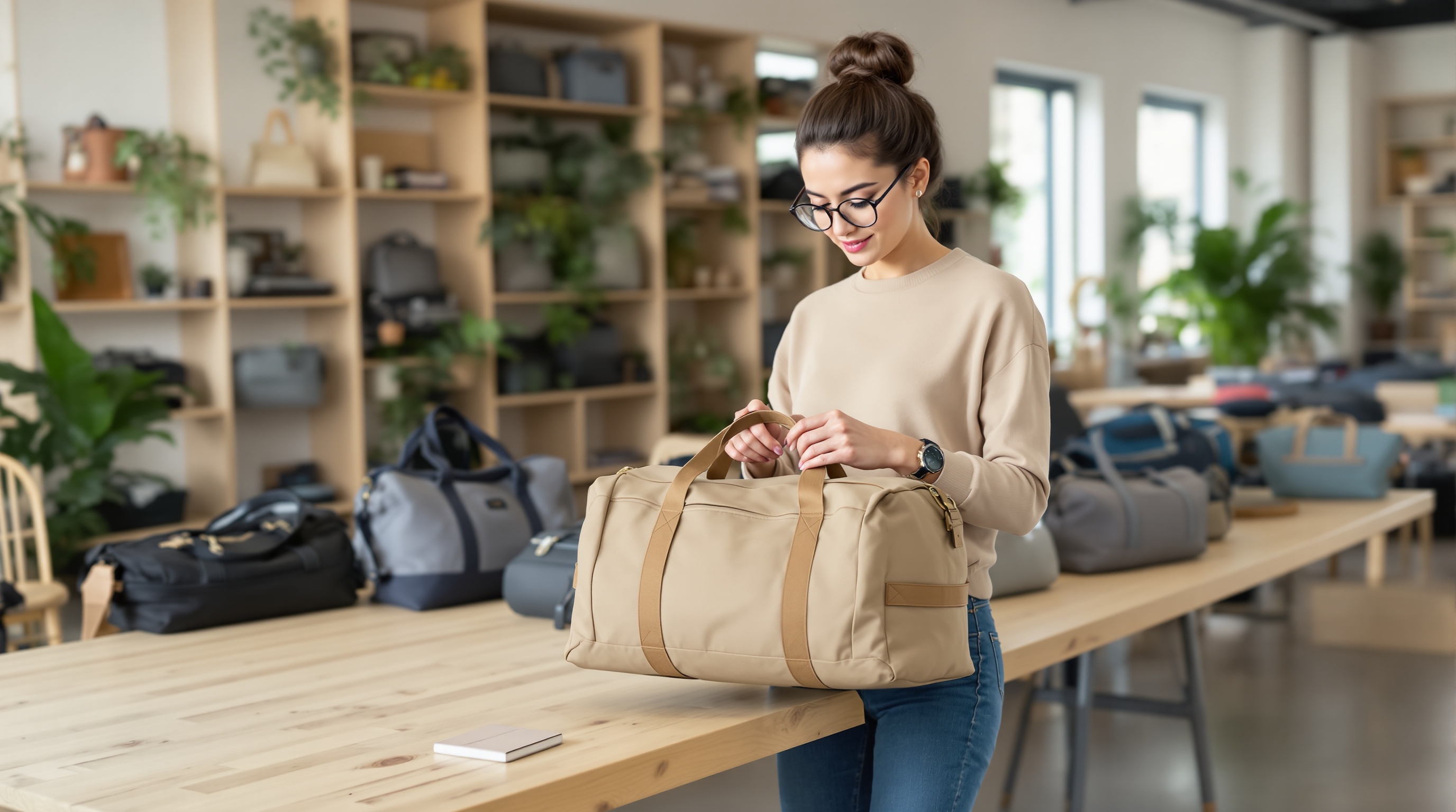 Une femme avec des lunettes regarde un sac de voyage beige dans un magasin de sacs moderne et lumineux.