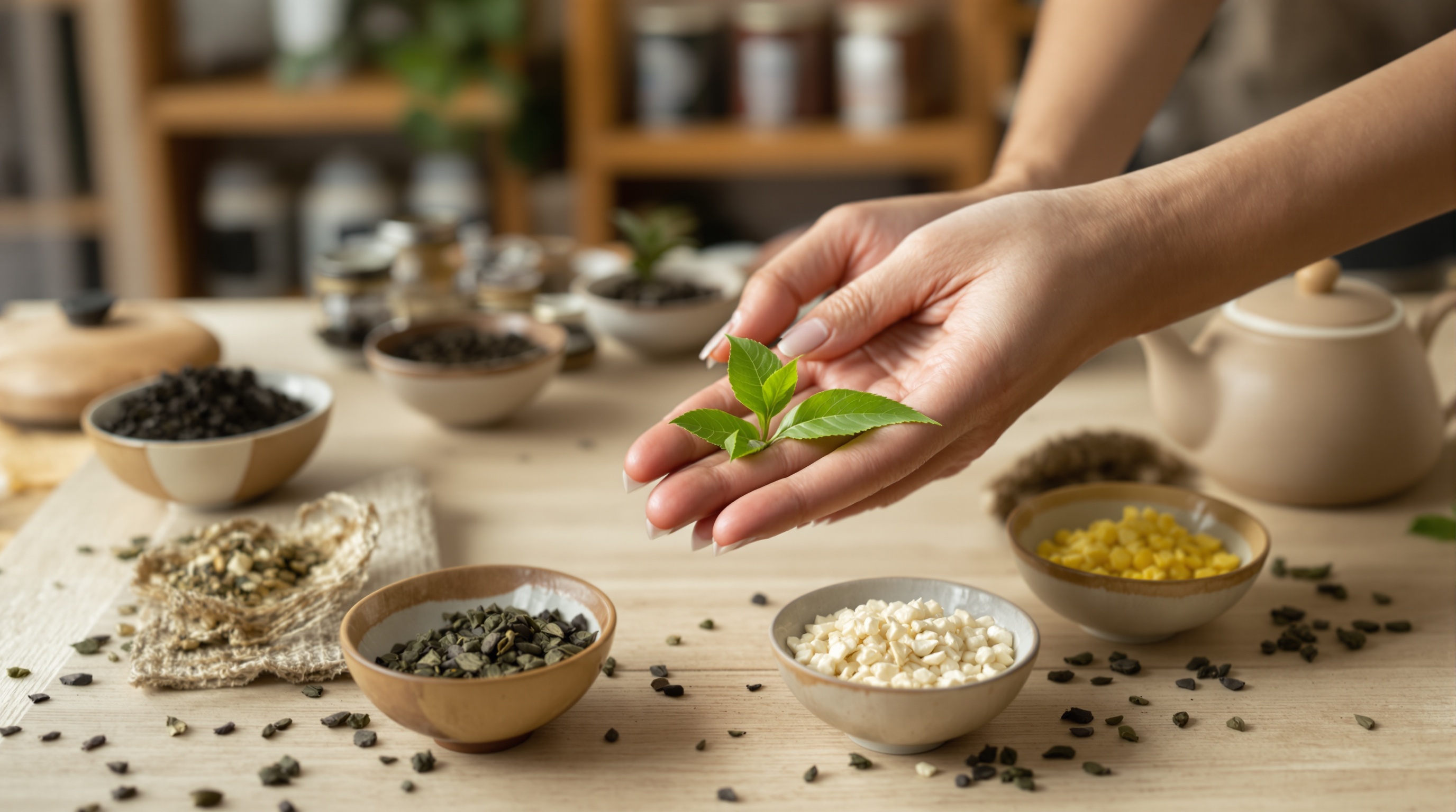 Mains tenant une petite branche de feuilles vertes au-dessus d'une table avec des bols de graines, de feuilles et une théière en arrière-plan.