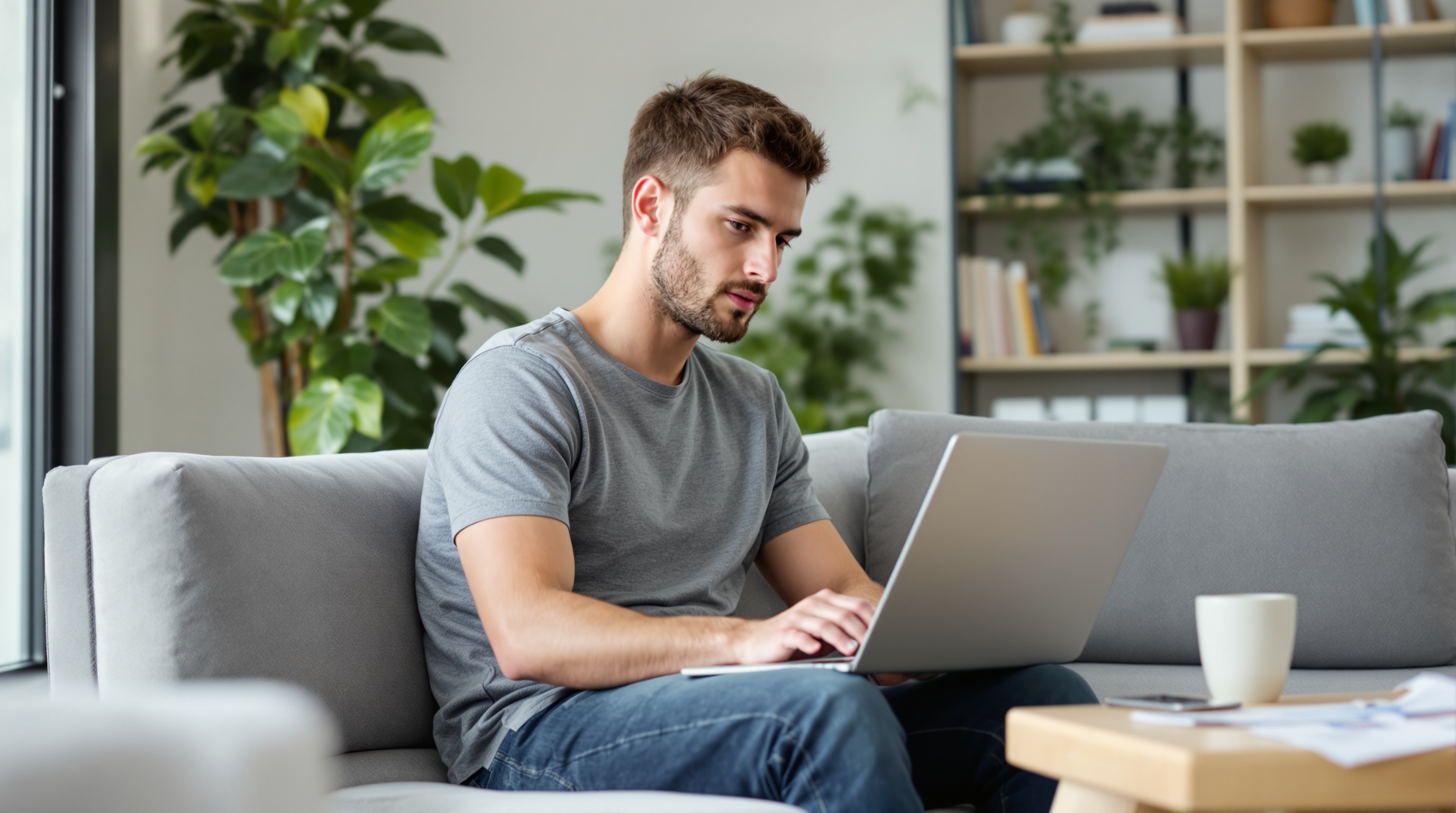 Un homme assis sur un canapé gris travaille sur un ordinateur portable dans un salon moderne avec des plantes et des étagères en arrière-plan.
