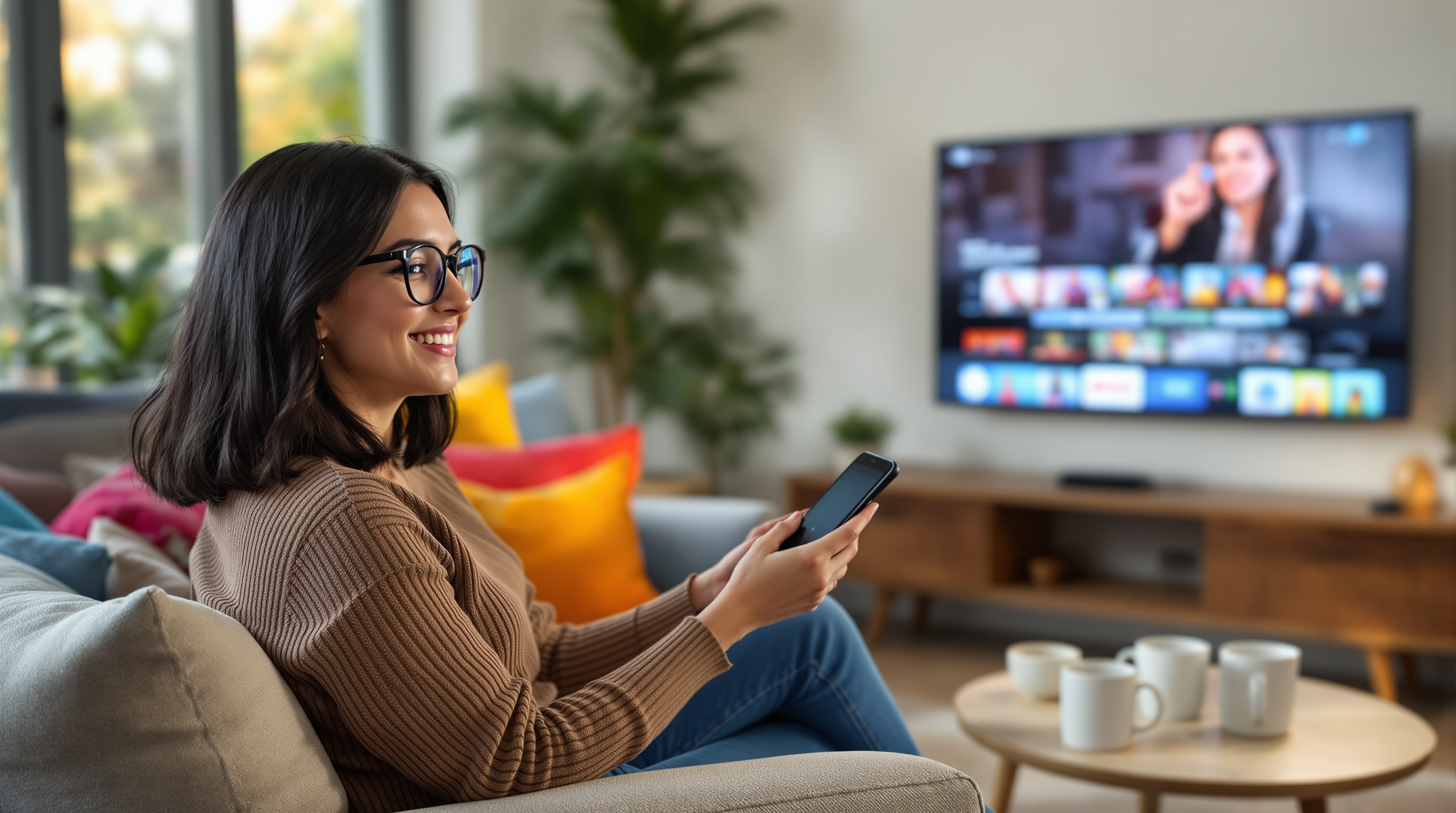 Usmievajúca sa žena sedí na pohovke a drží diaľkový ovládač, sleduje televíziu vo svetlej modernej obývačke.