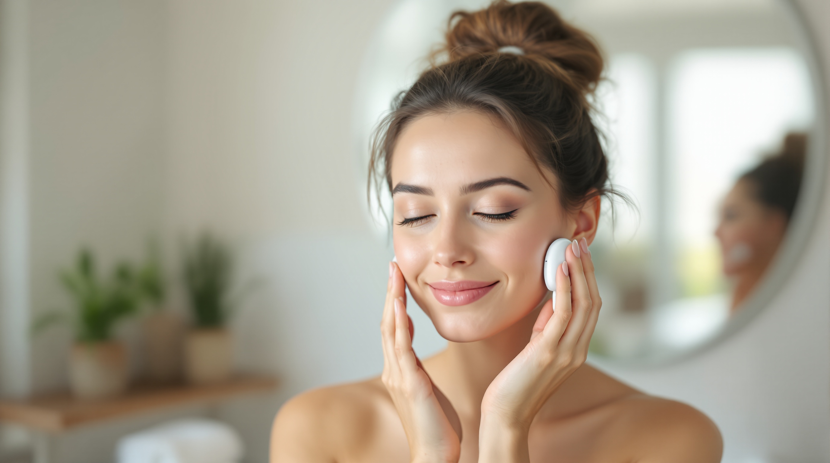 Smiling woman in a bun, applying make-up remover to her face, in a bright bathroom.