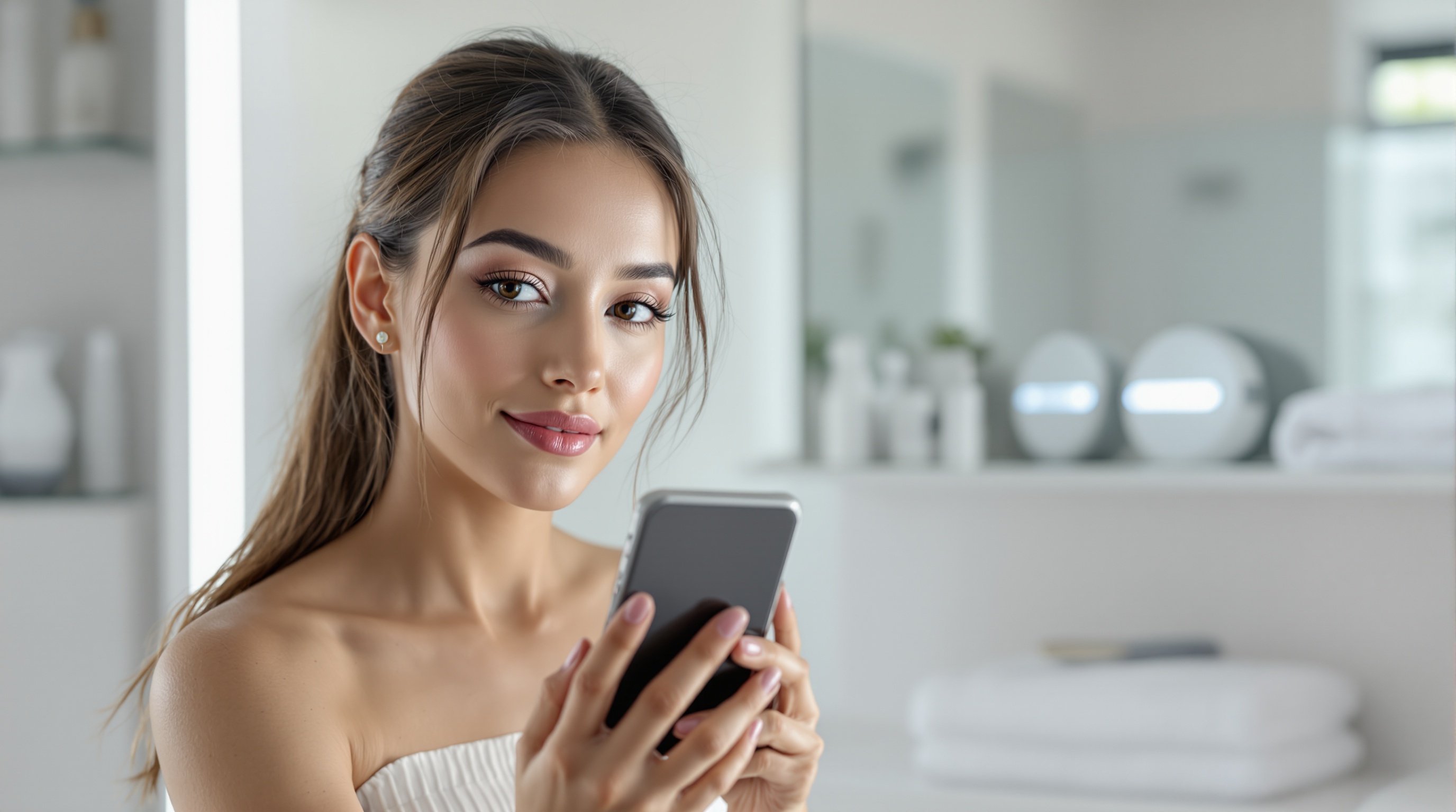 Femme souriante tenant un smartphone dans une salle de bain moderne.