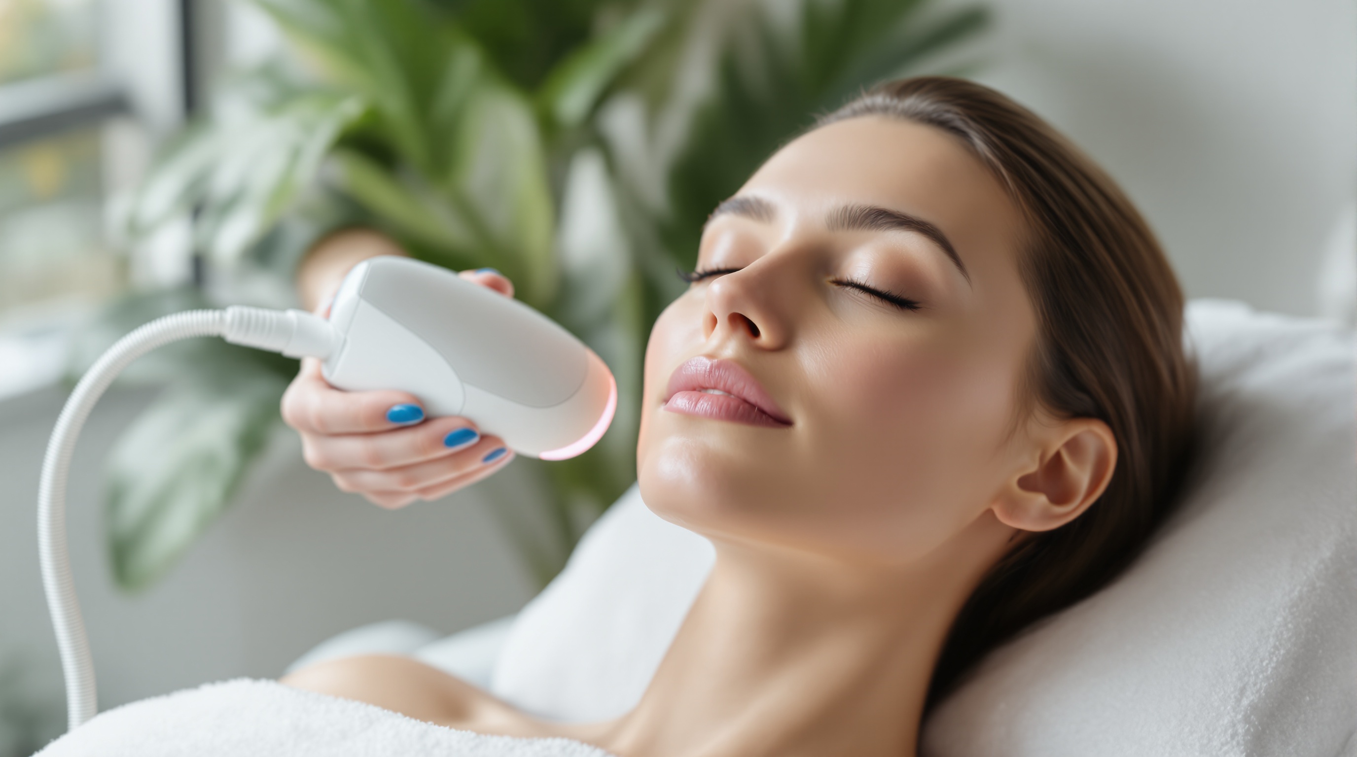 Femme recevant un soin du visage avec un appareil à lumière pulsée dans un institut de beauté.