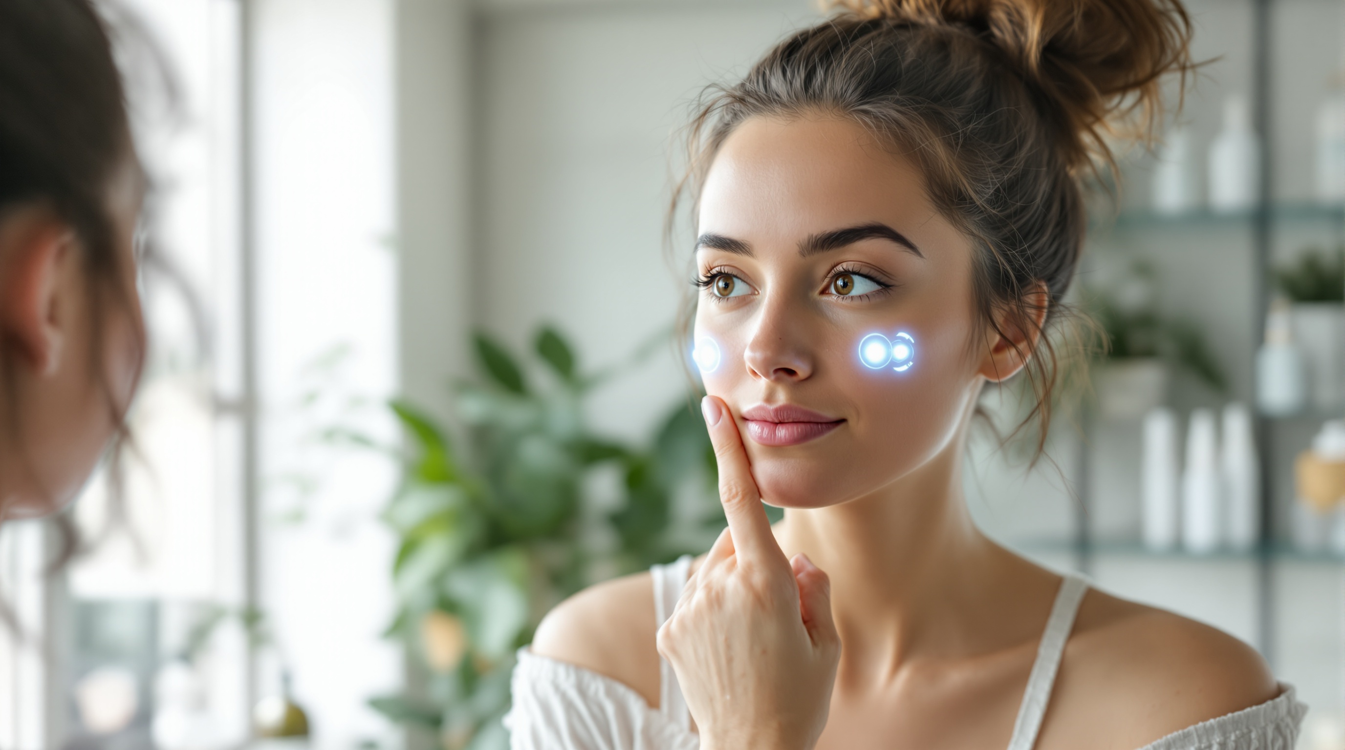 Une femme regarde son reflet dans un miroir tout en touchant sa joue, avec des éléments graphiques lumineux sur ses joues symbolisant une analyse de peau ou technologie de soin.