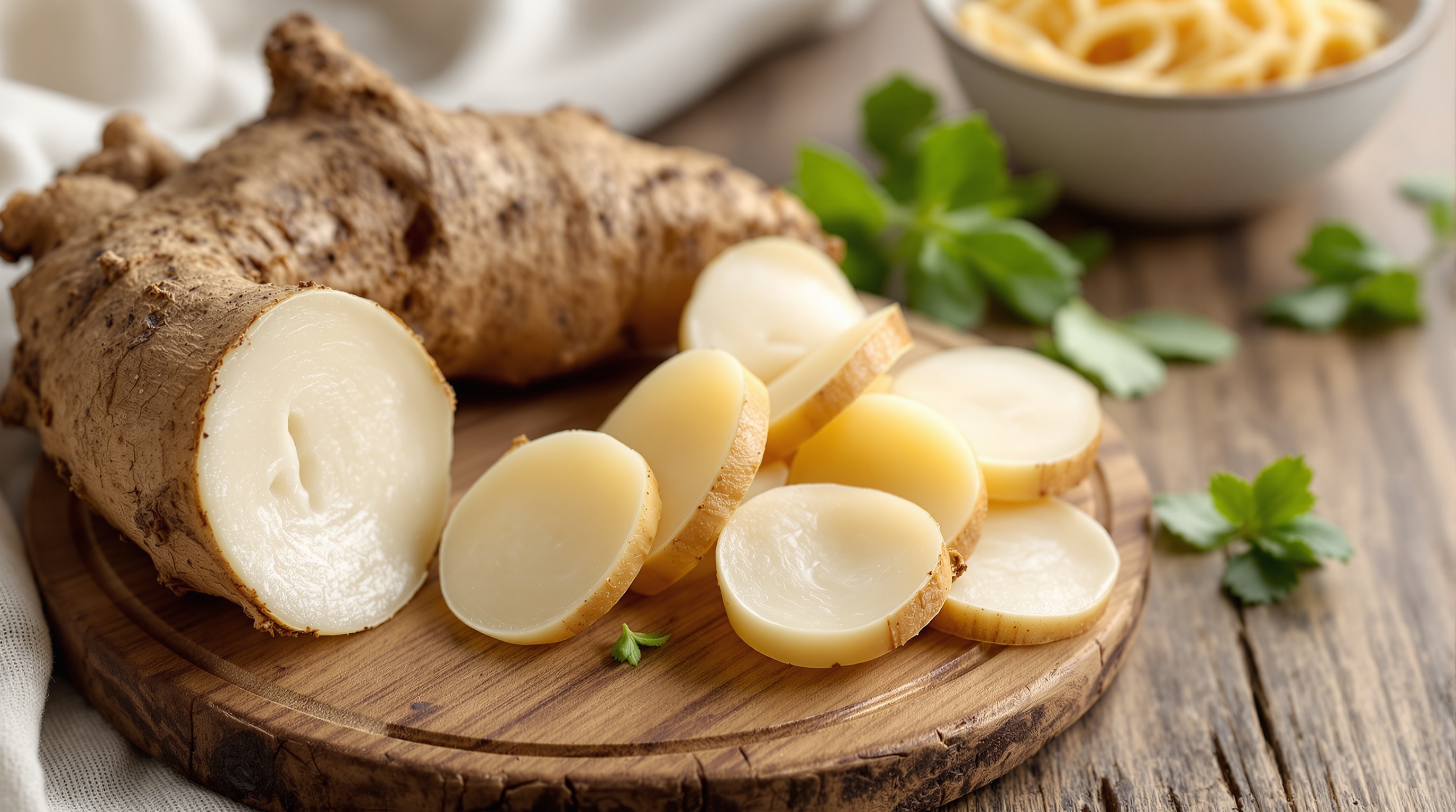 Tranche de racine de konjac sur une planche en bois, entourée de feuilles de persil.