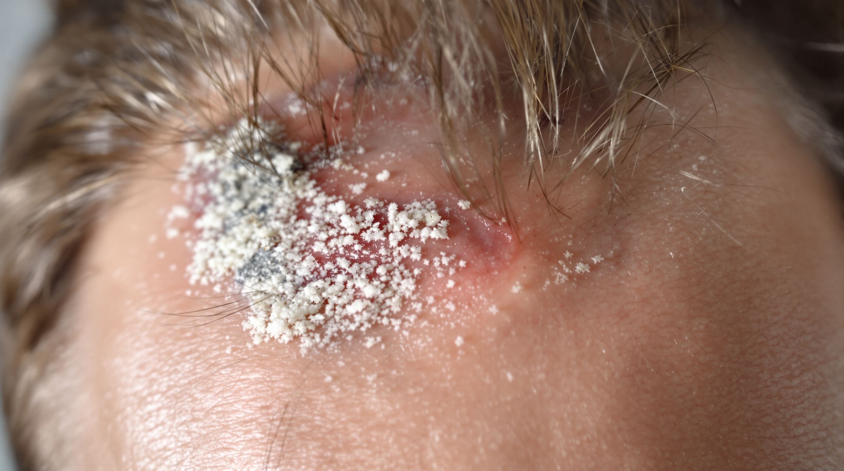 Plaie infectée sur le cuir chevelu avec des croûtes blanches et des zones rougies.