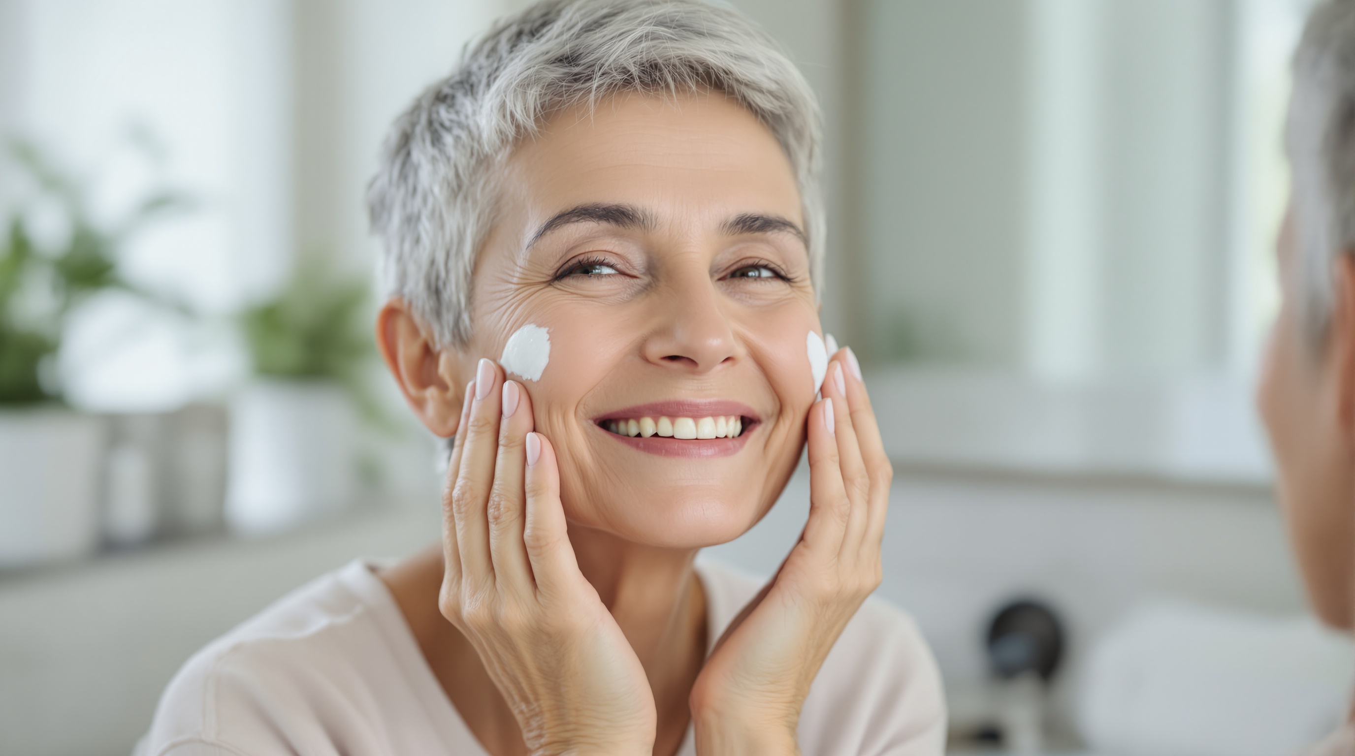 Femme âgée souriante appliquant une crème hydratante sur son visage devant un miroir.