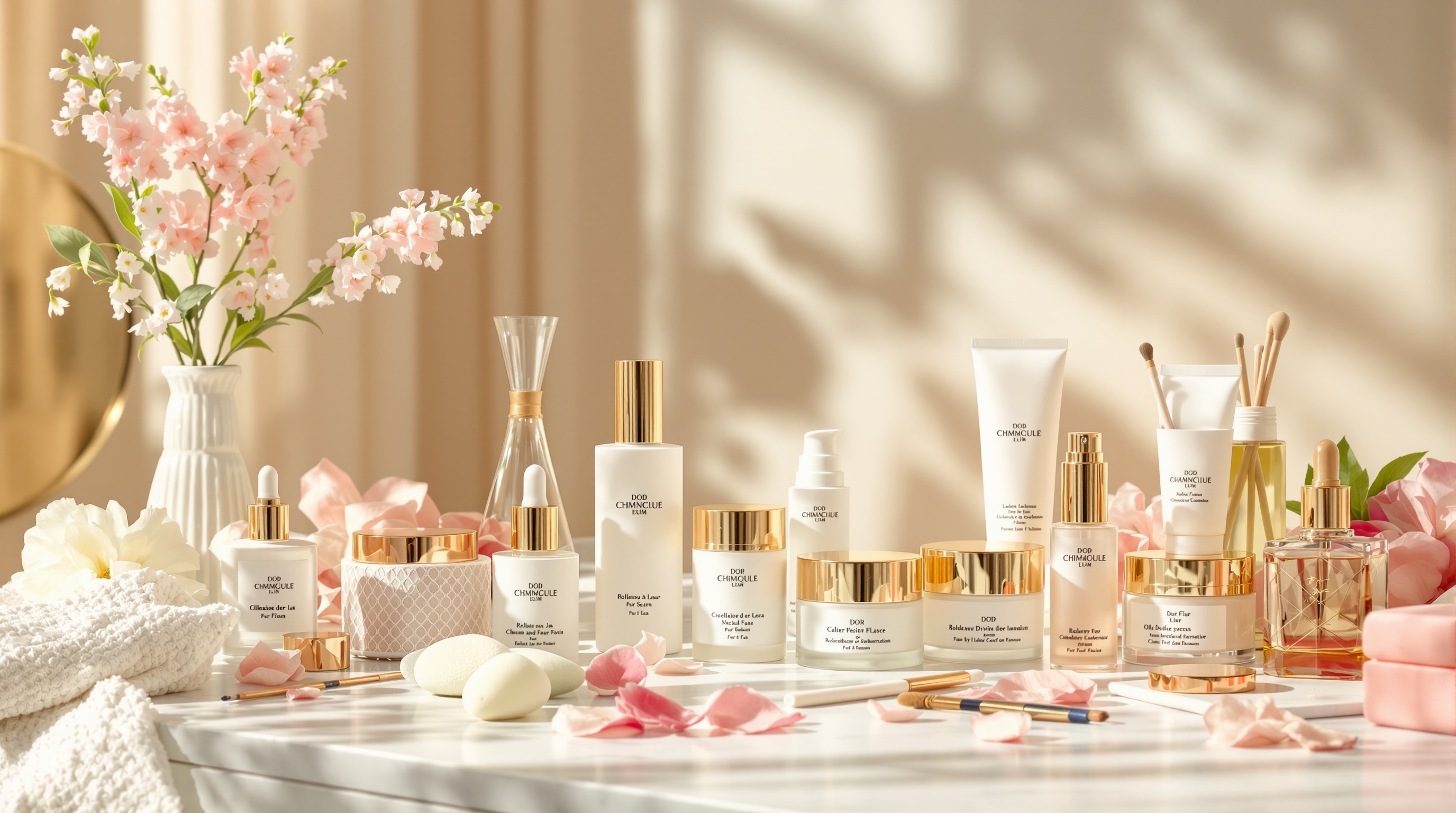 Différents produits de soin et de beauté aux emballages blancs et dorés sont disposés sur une table en marbre, entourés de fleurs roses, de serviettes blanches, de pétales et de pinceaux dans une ambiance lumineuse et élégante.