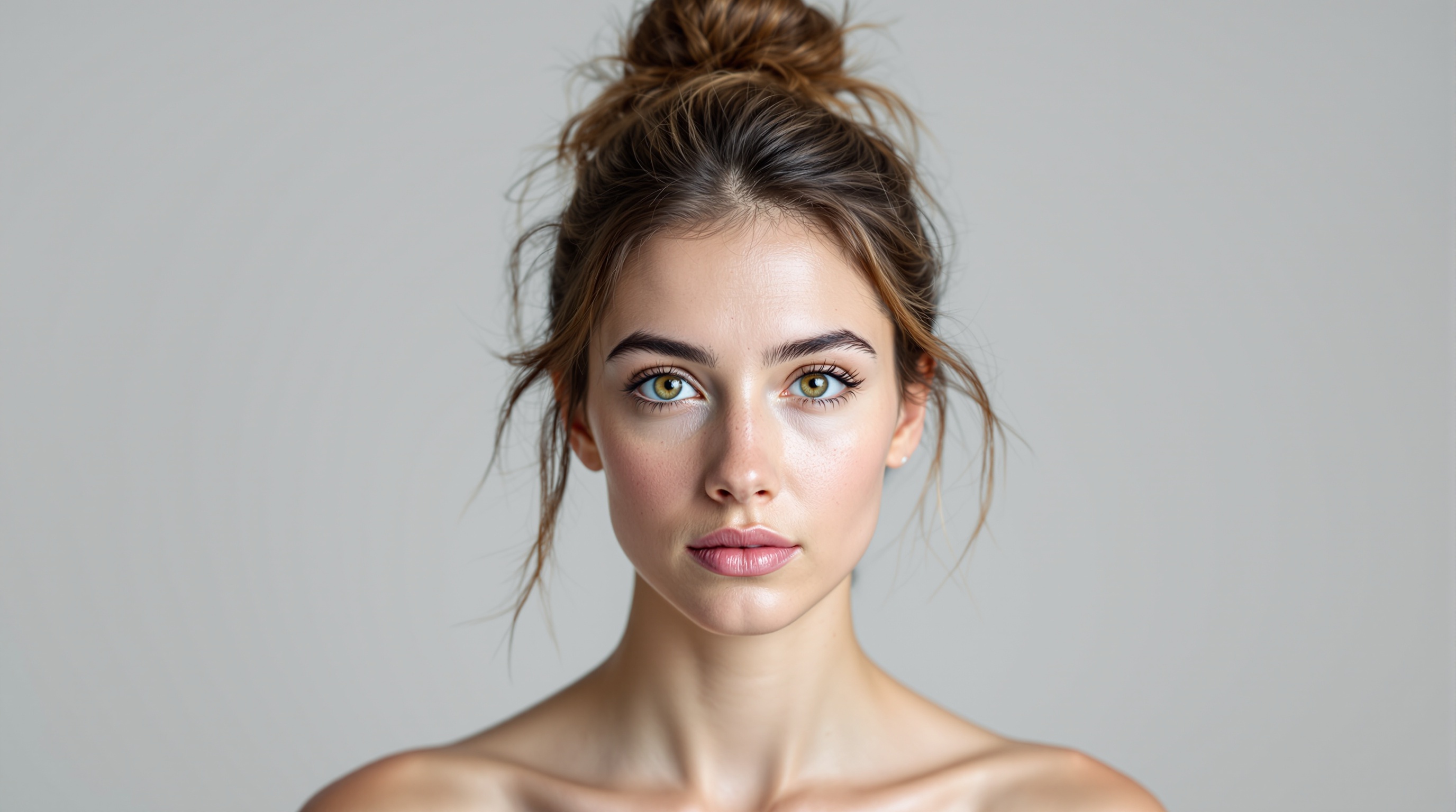 Portrait d'une jeune femme aux yeux verts et cheveux châtains relevés en chignon, posant devant un fond neutre.