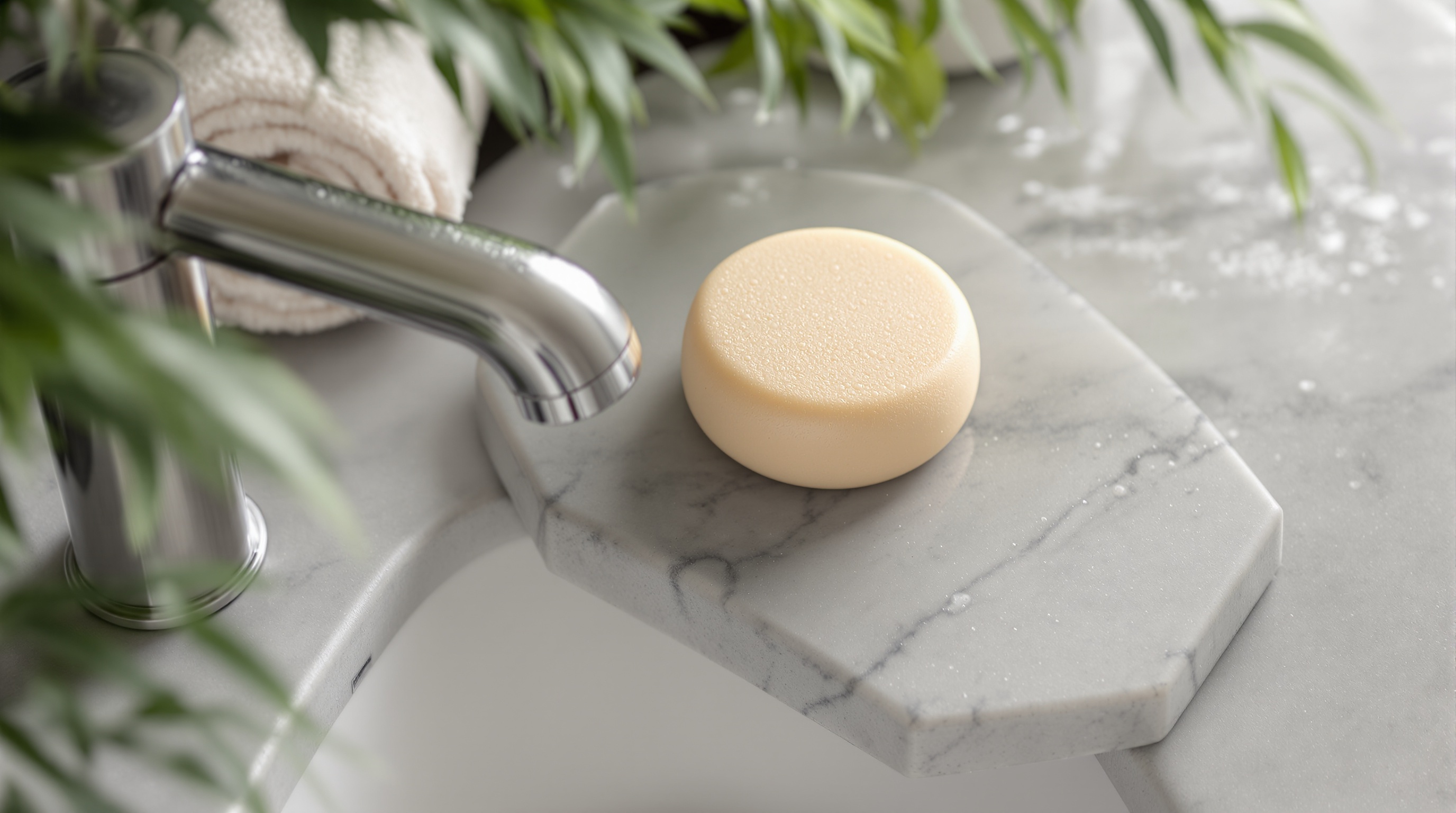 Savon solide beige posé sur un lavabo en marbre à côté d'un robinet chromé, avec une serviette roulée en arrière-plan et des plantes vertes.