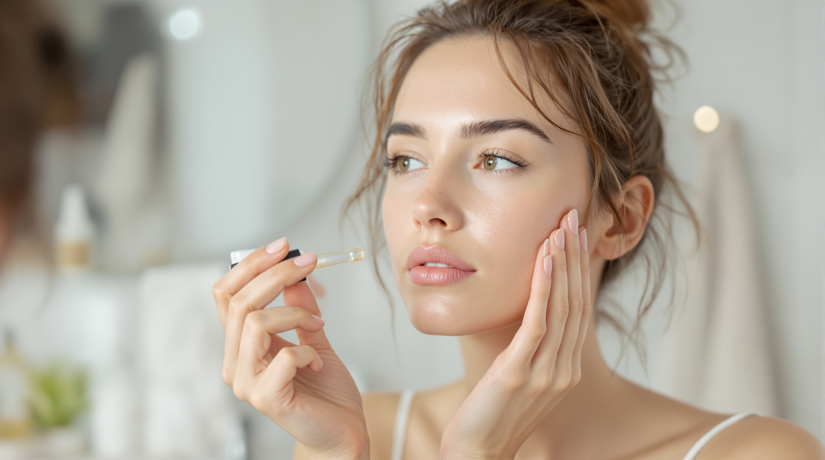Jeune femme appliquant un sérum pour le visage à l'aide d'une pipette dans une salle de bain.
