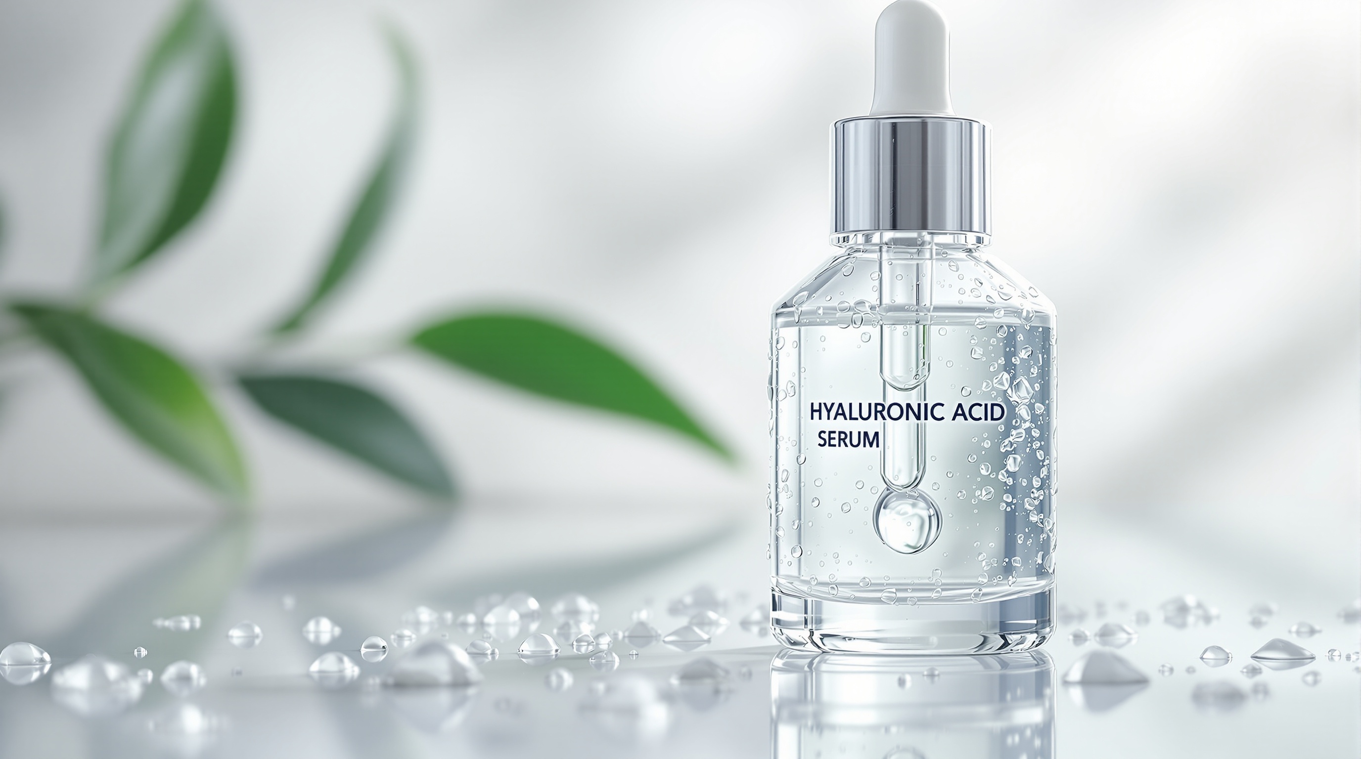 Flacon de sérum à l'acide hyaluronique avec pipette, posé sur une surface réfléchissante, des gouttes d'eau autour et des feuilles floues en arrière-plan.