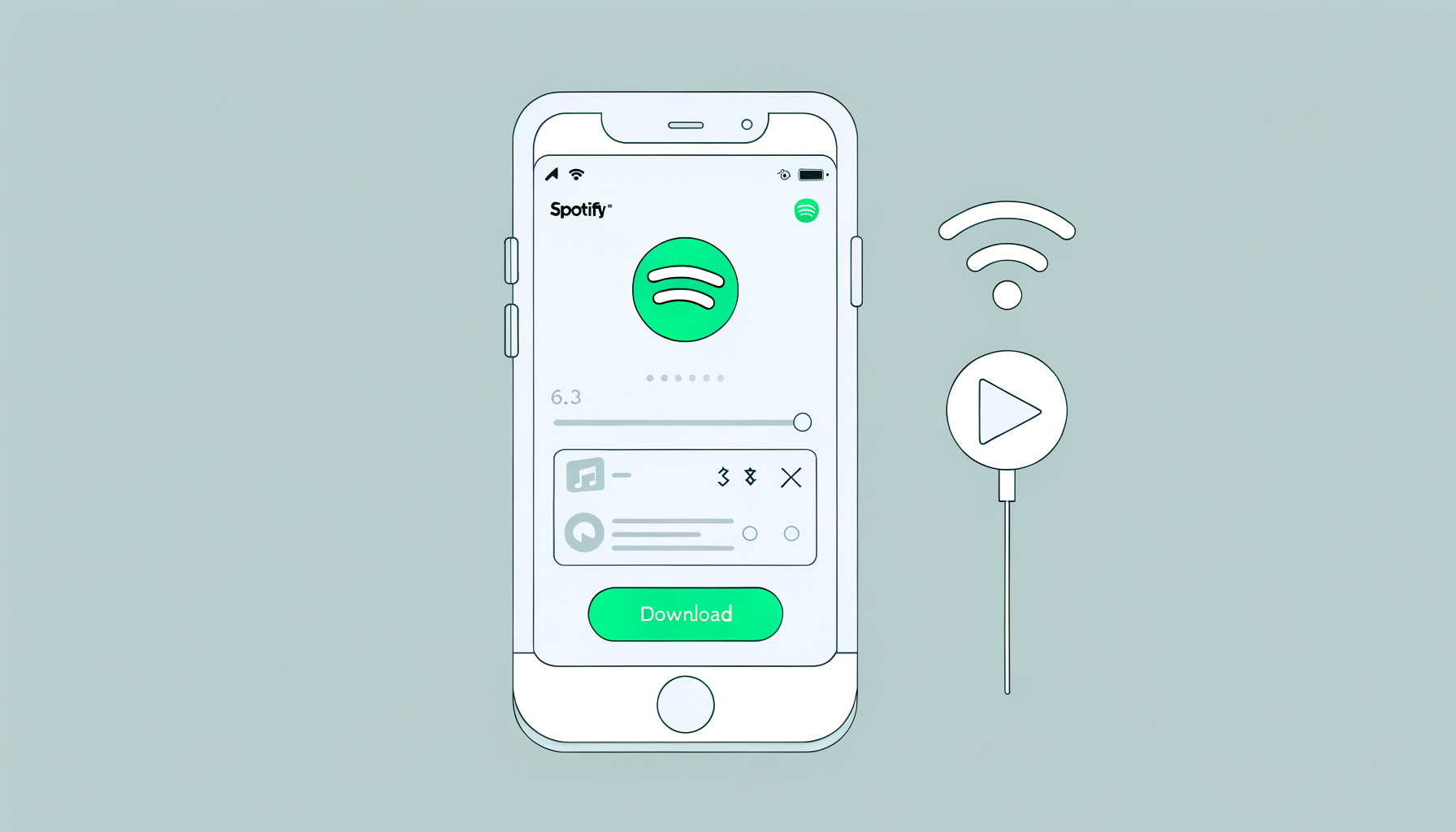 Téléphone avec l'application Spotify affichée, bouton télécharger visible et symbole Wi-Fi à droite.