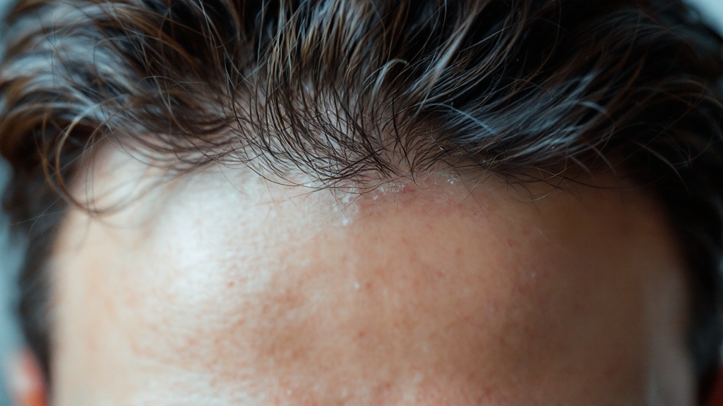 A close-up of a person's forehead showing a receding hairline.