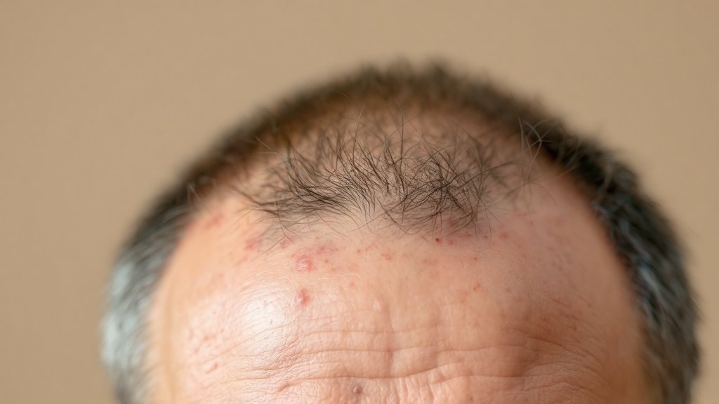 Visible male pattern baldness on the top of the head, with some redness on the scalp.