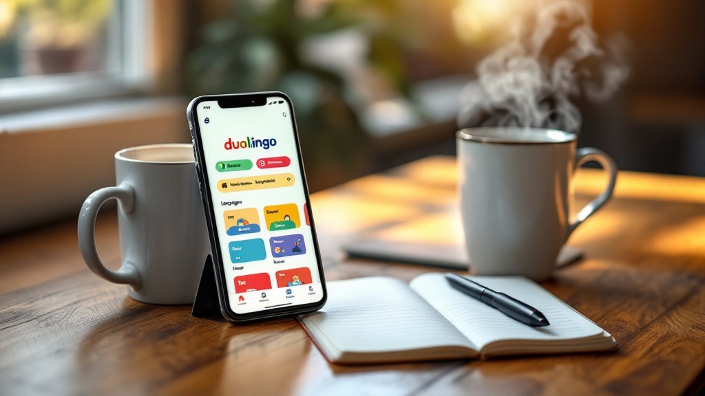 Smartfon wyświetlający aplikację Duolingo leży na drewnianym stole, obok otwartego notatnika z długopisem i dwóch parujących kubków.