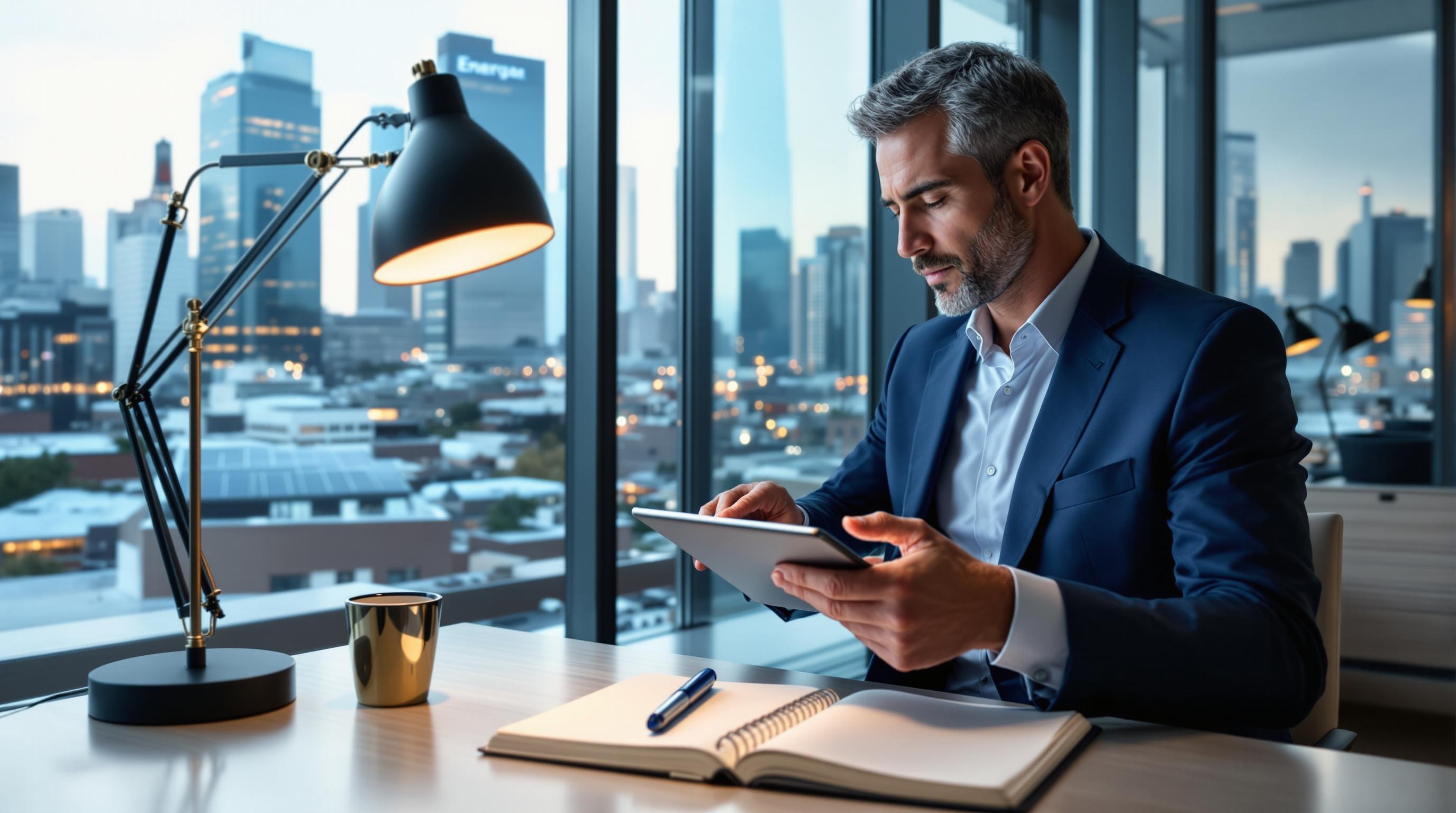 Un homme en costume travaillant sur une tablette dans un bureau moderne avec vue sur la ville.