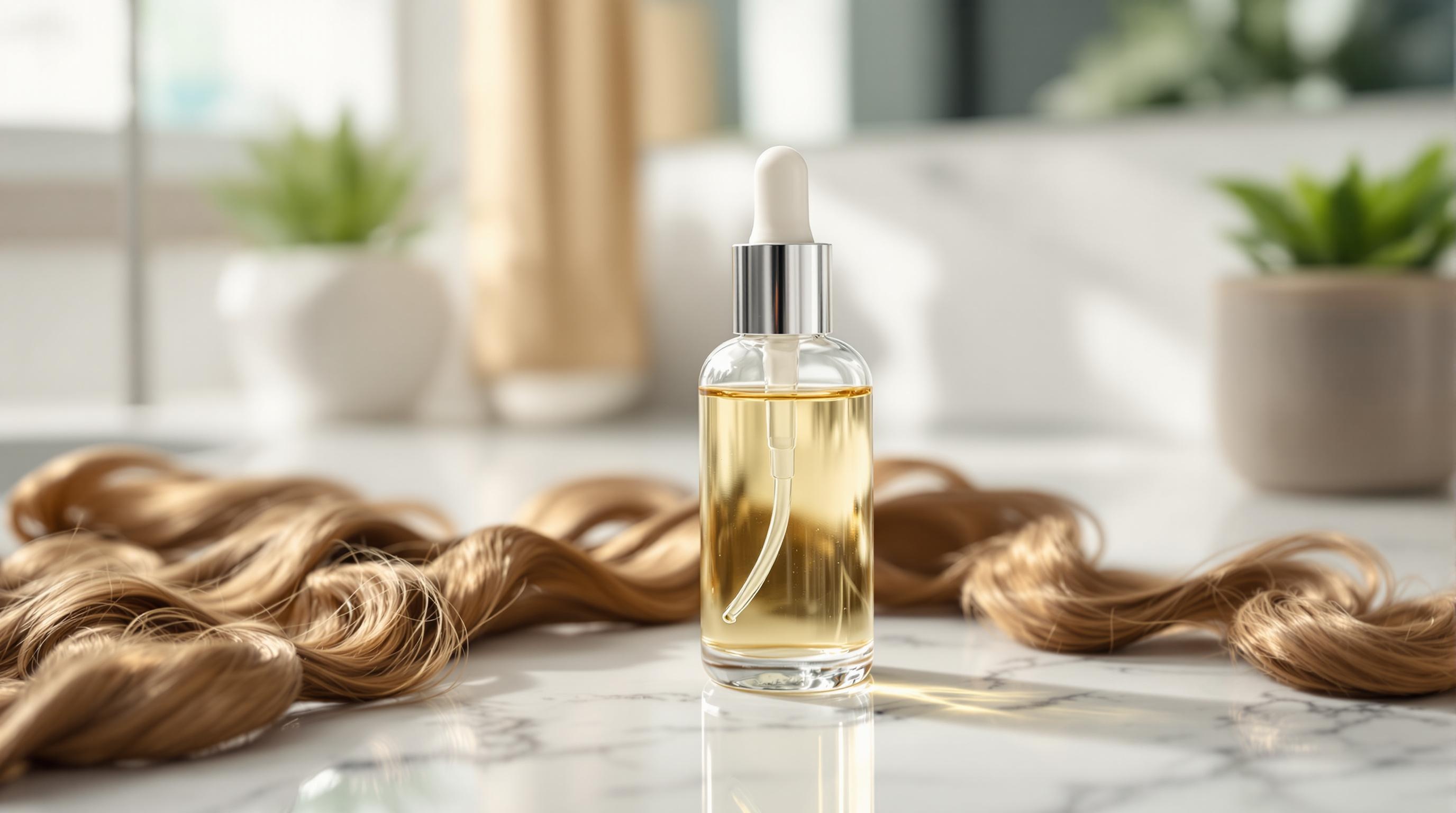 Une bouteille d'huile capillaire sur une surface de marbre avec des mèches de cheveux blonds et des plantes floues en arrière-plan.