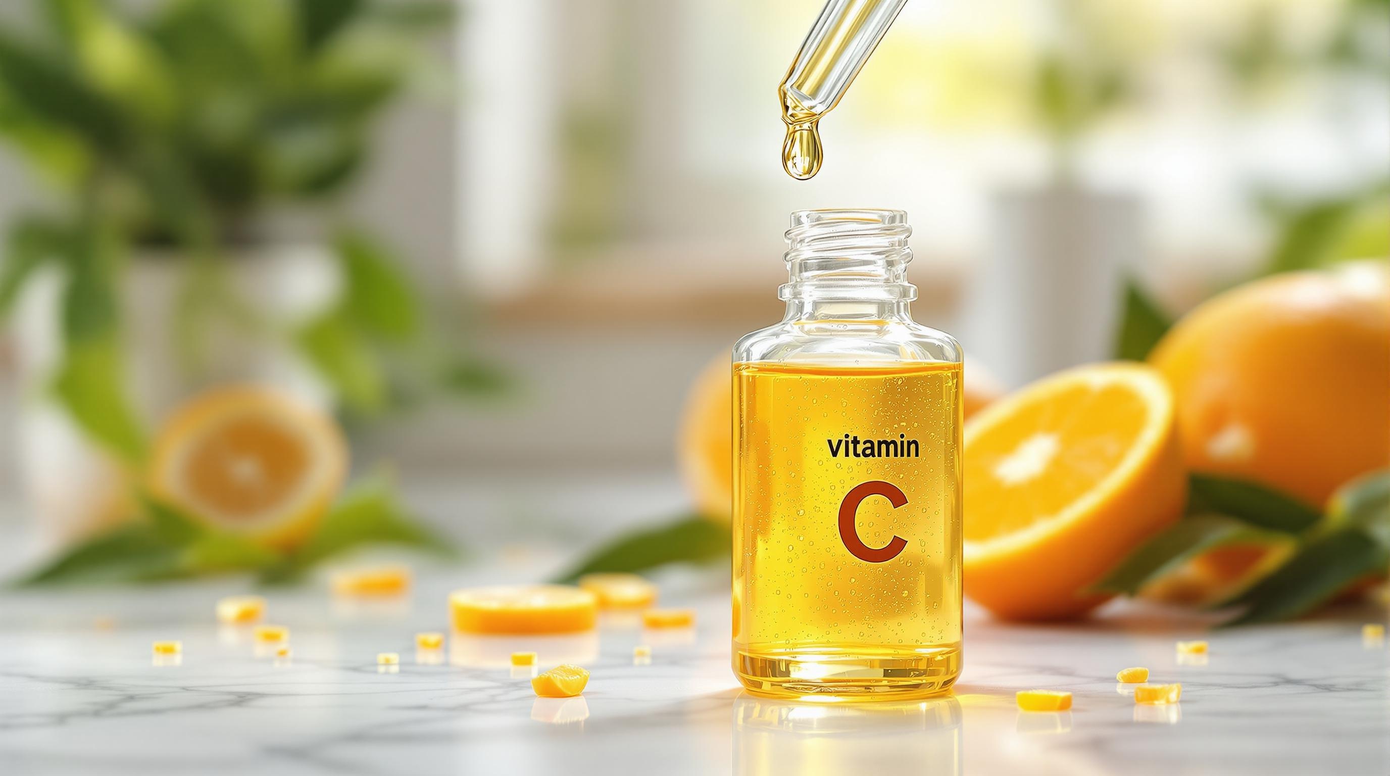 Vitamin C bottle with a dropper, surrounded by orange slices and natural elements.