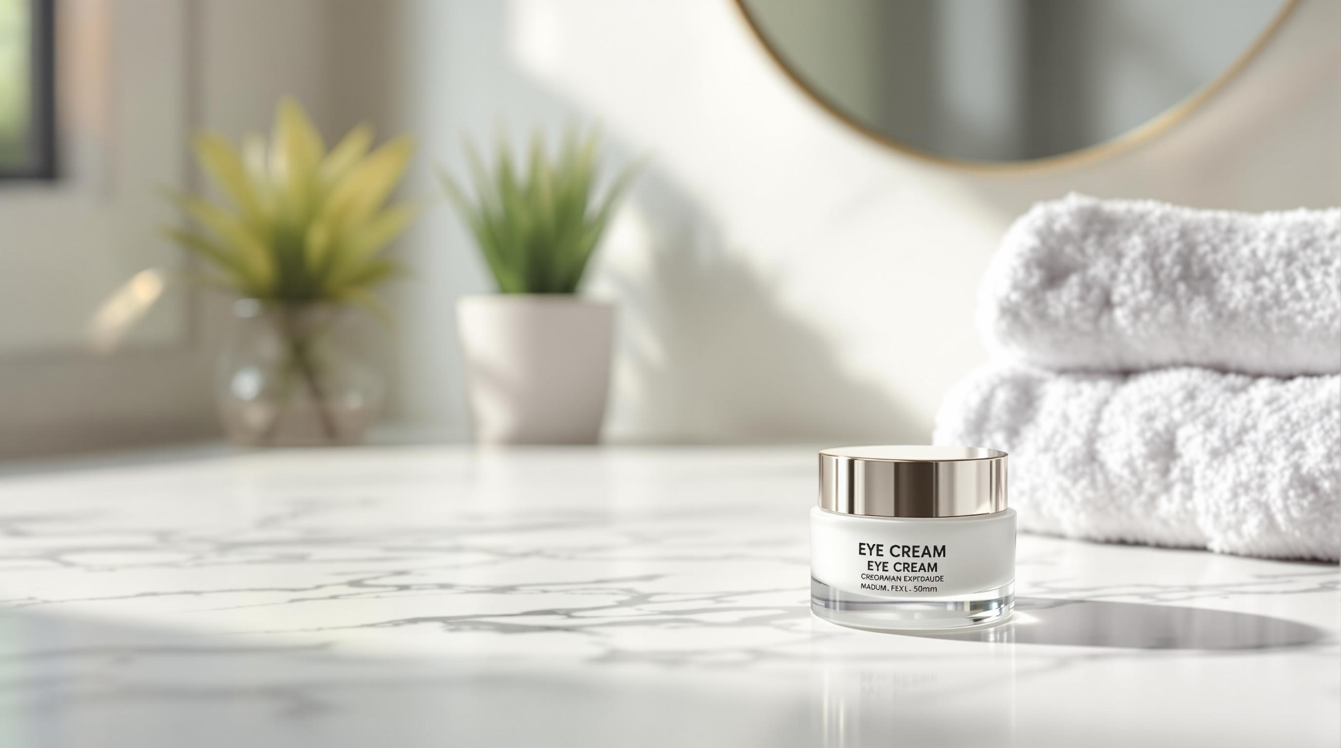 Pot de crème pour les yeux posé sur une surface en marbre, avec des serviettes blanches et des plantes en arrière-plan.