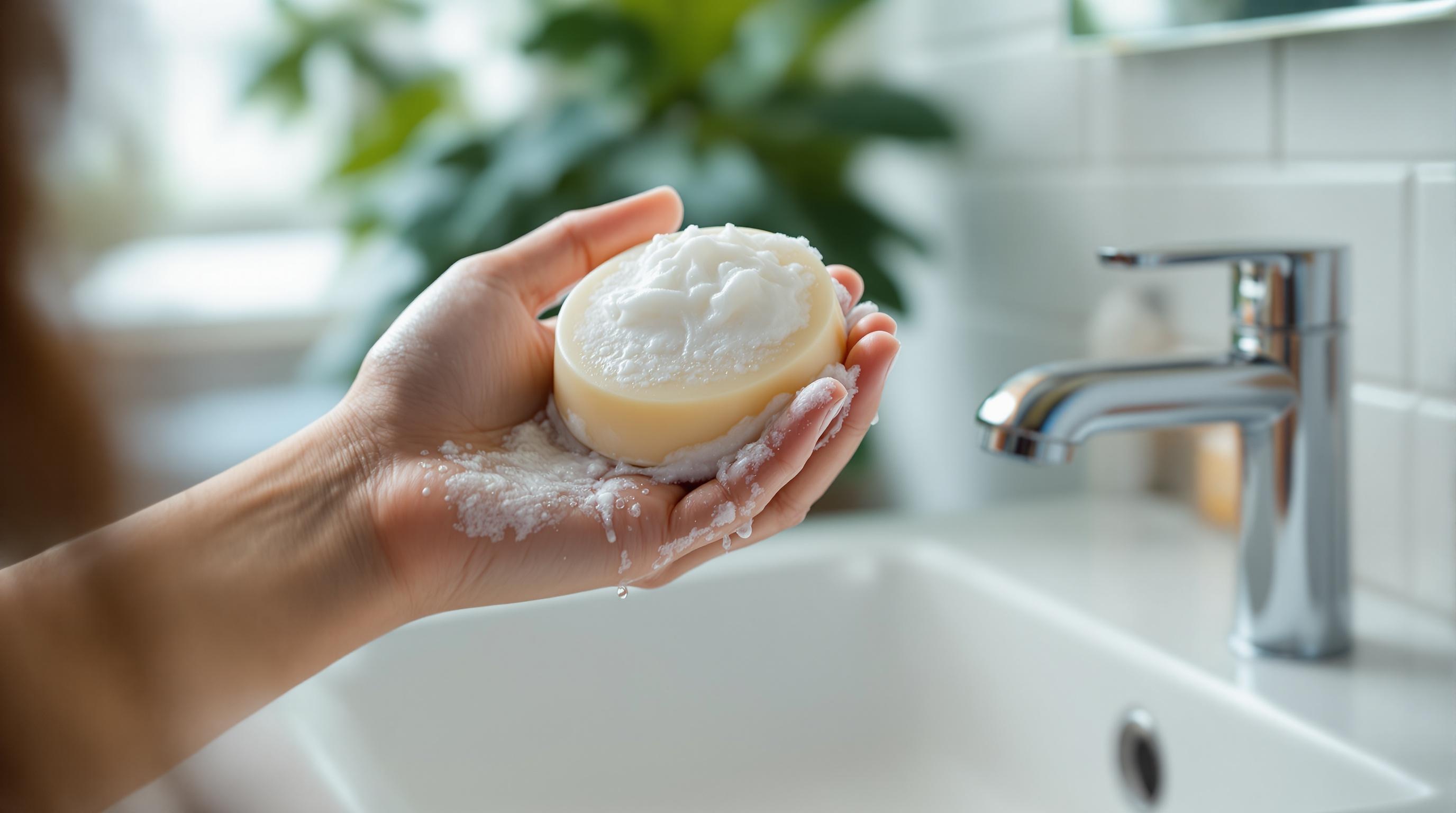 Une main tenant un savon solide sous un robinet dans une salle de bain.