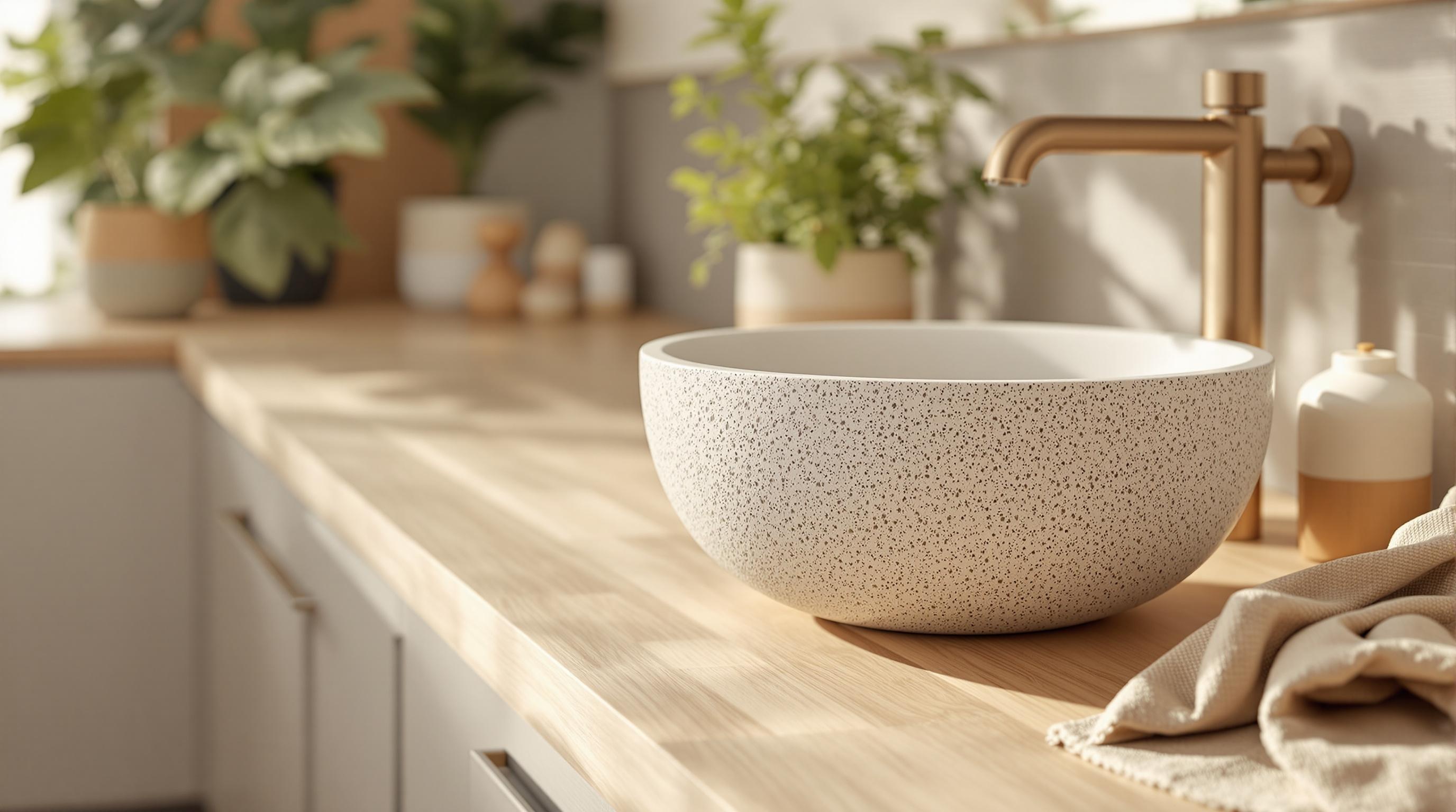 Un lavabo de terrazo, un grifo dorado y plantas decorativas en una cocina o baño luminosos.