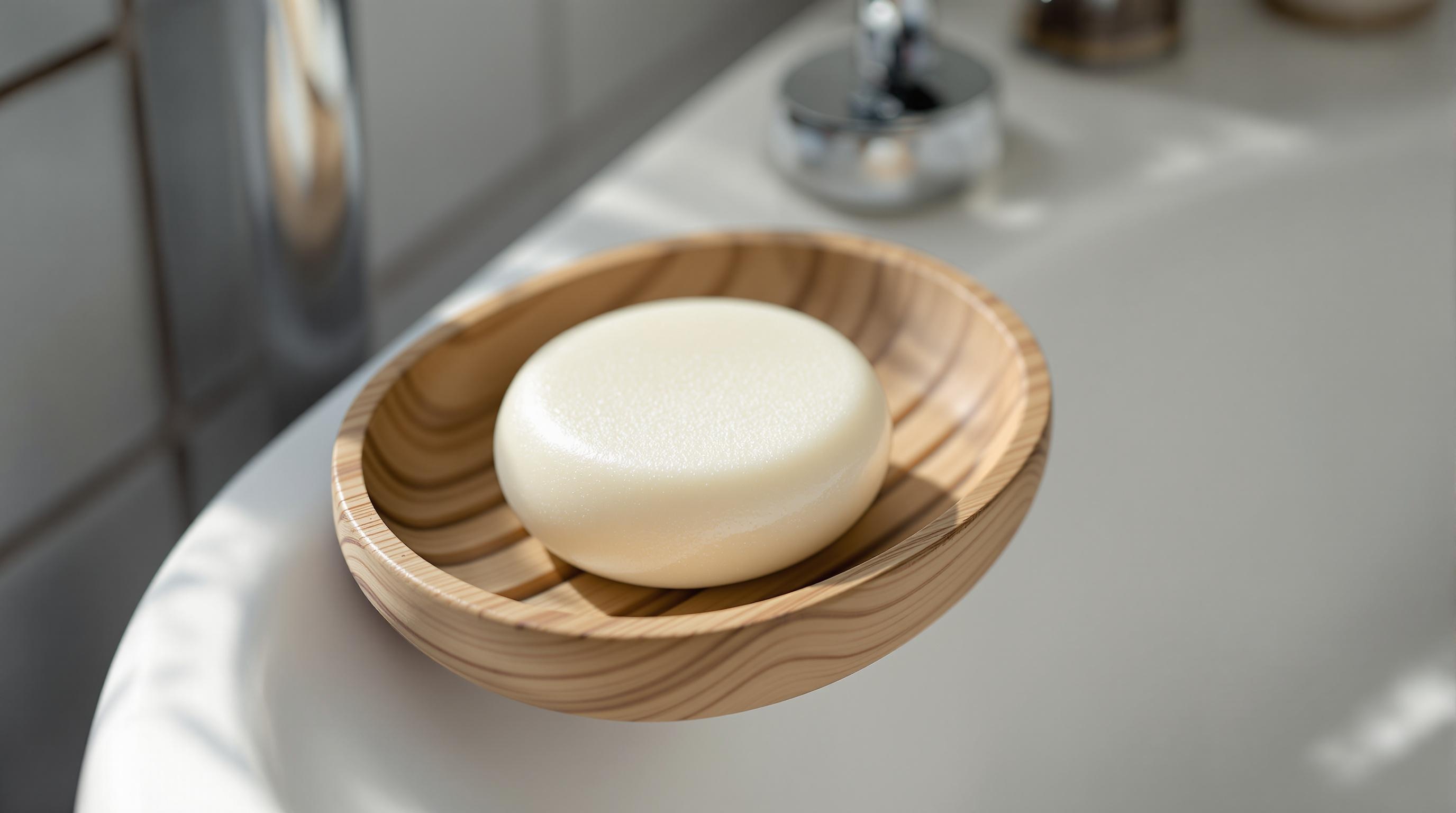 Savon rond blanc posé dans un porte-savon en bois sur un lavabo.