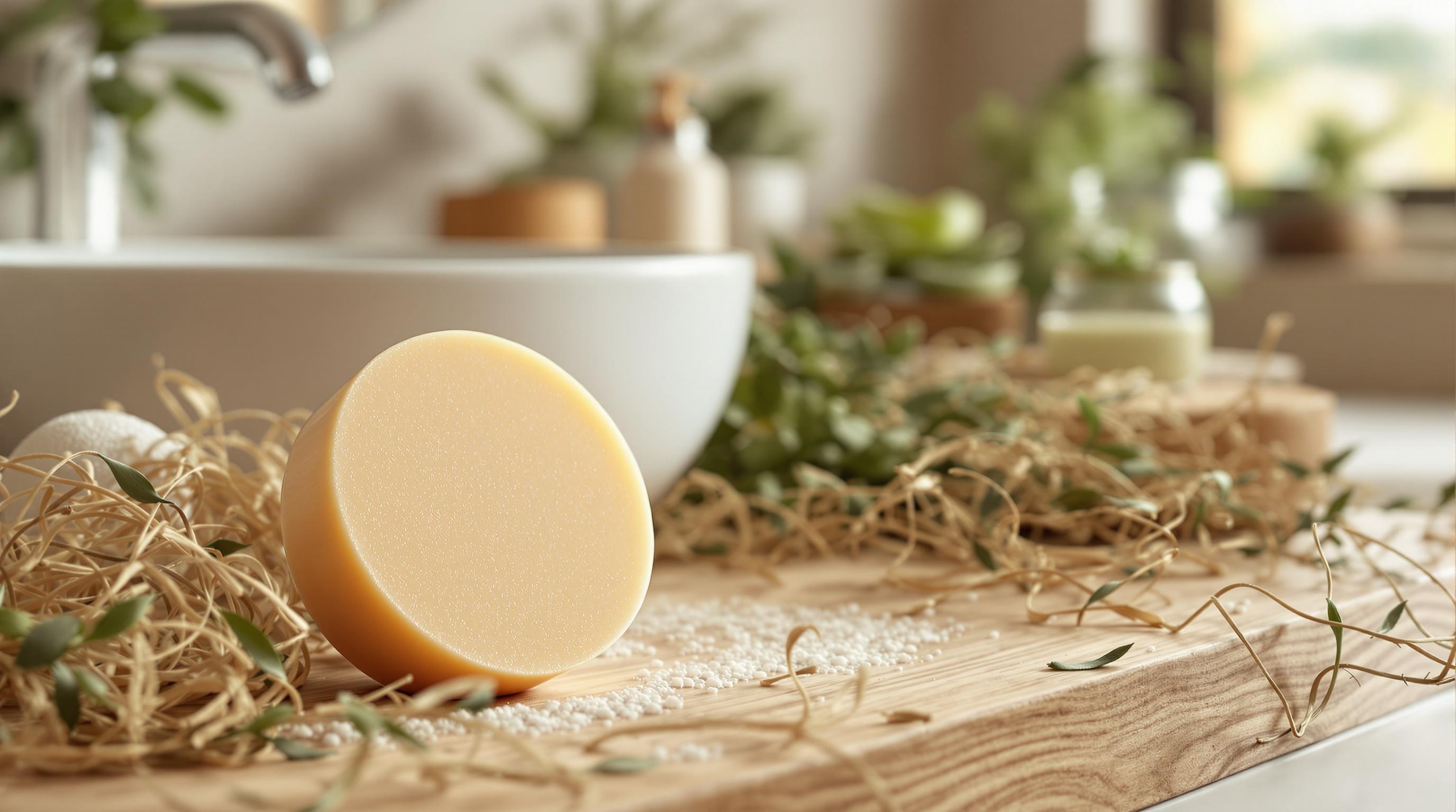 Savon naturel rond posé sur une table en bois, entouré de paille et de plantes, avec un lavabo flou en arrière-plan.